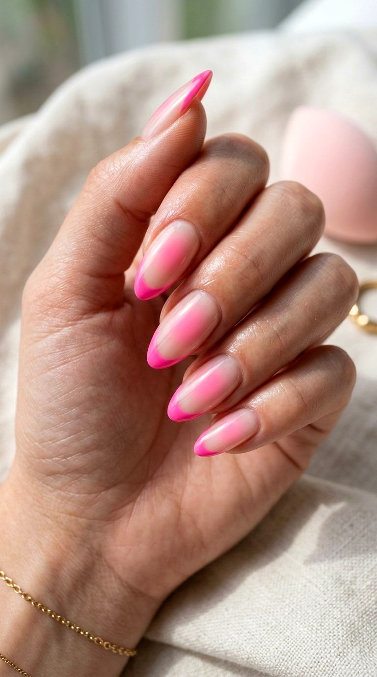 Aura Glowing Bright Pink French Tip Nails - 21 bright pink french tip nails