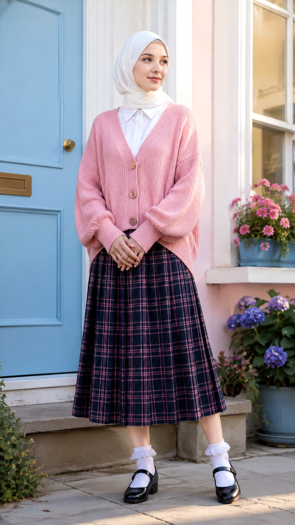 Baby Pink Cardigan and Plaid Hijab - 23 baby pink outfit hijab ideas