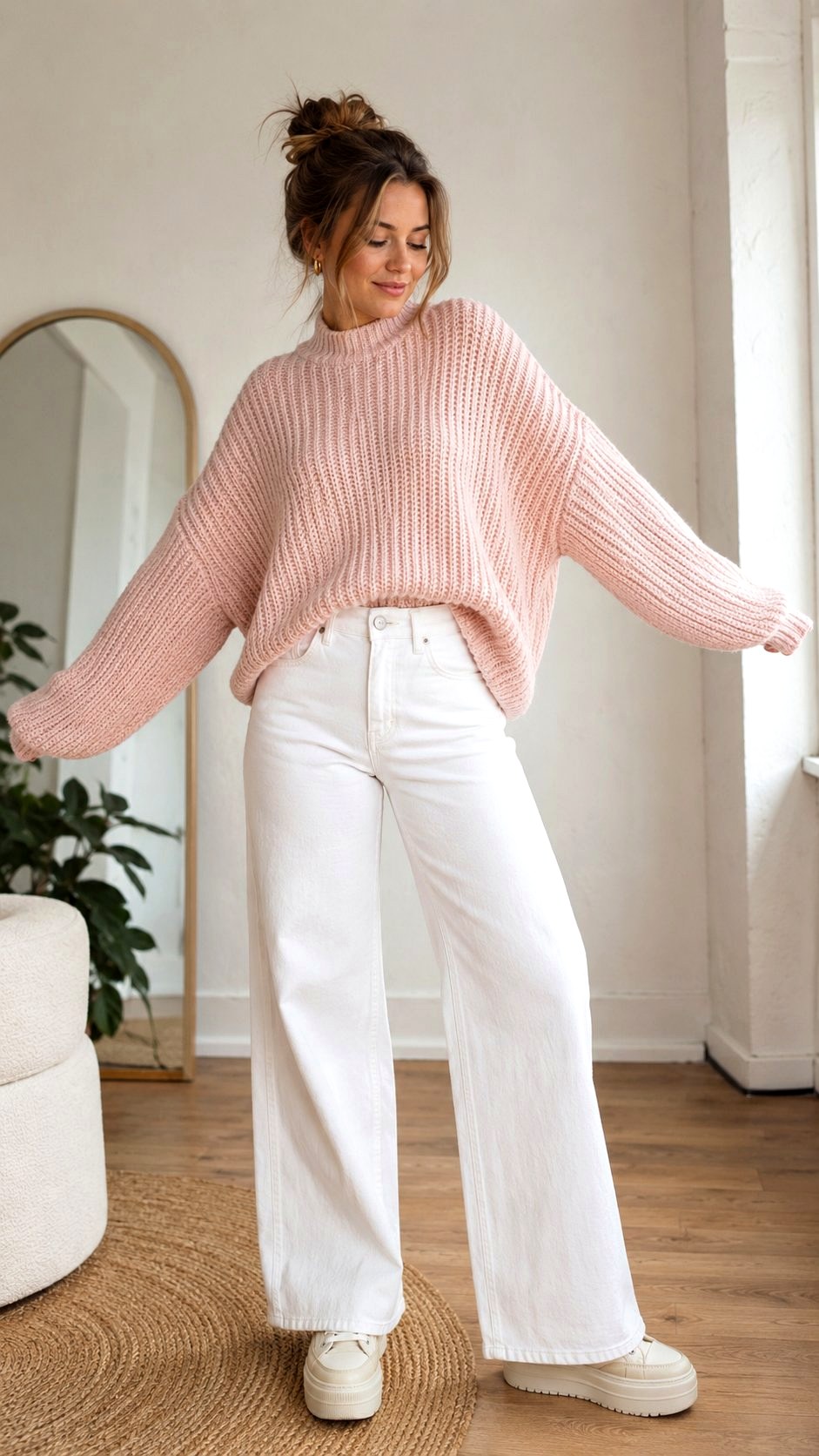Baby Pink Chunky Knit Sweater - 21 baby pink outfit women ideas