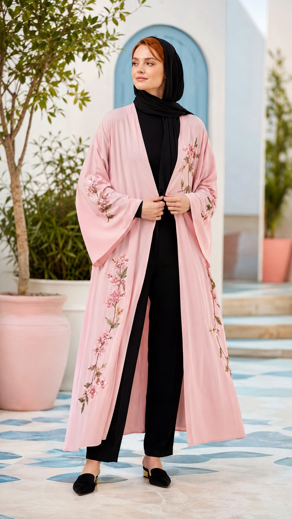 Baby Pink Kimono and Turtleneck Hijab - 23 baby pink outfit hijab ideas