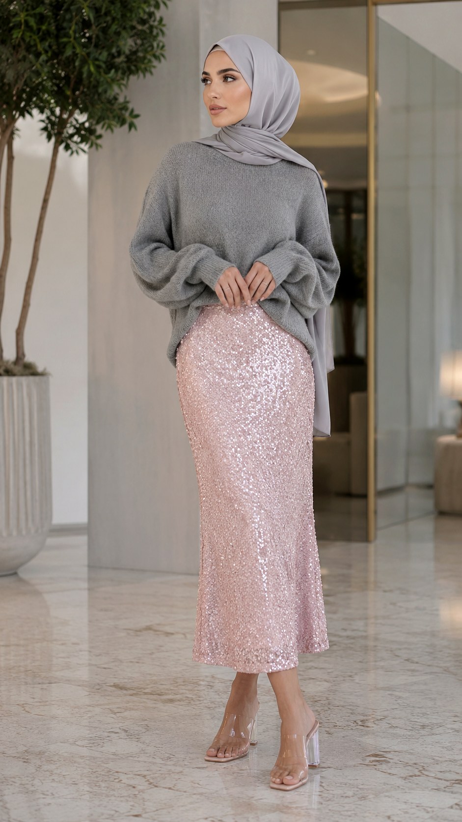 Baby Pink Sequin Midi Skirt Hijab - 23 baby pink outfit hijab ideas