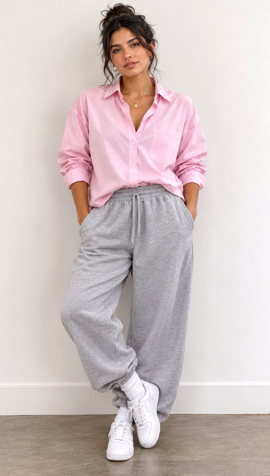 Baby Pink Shirt Outfit With Grey Sweatpants - 20 baby pink shirt outfit ideas