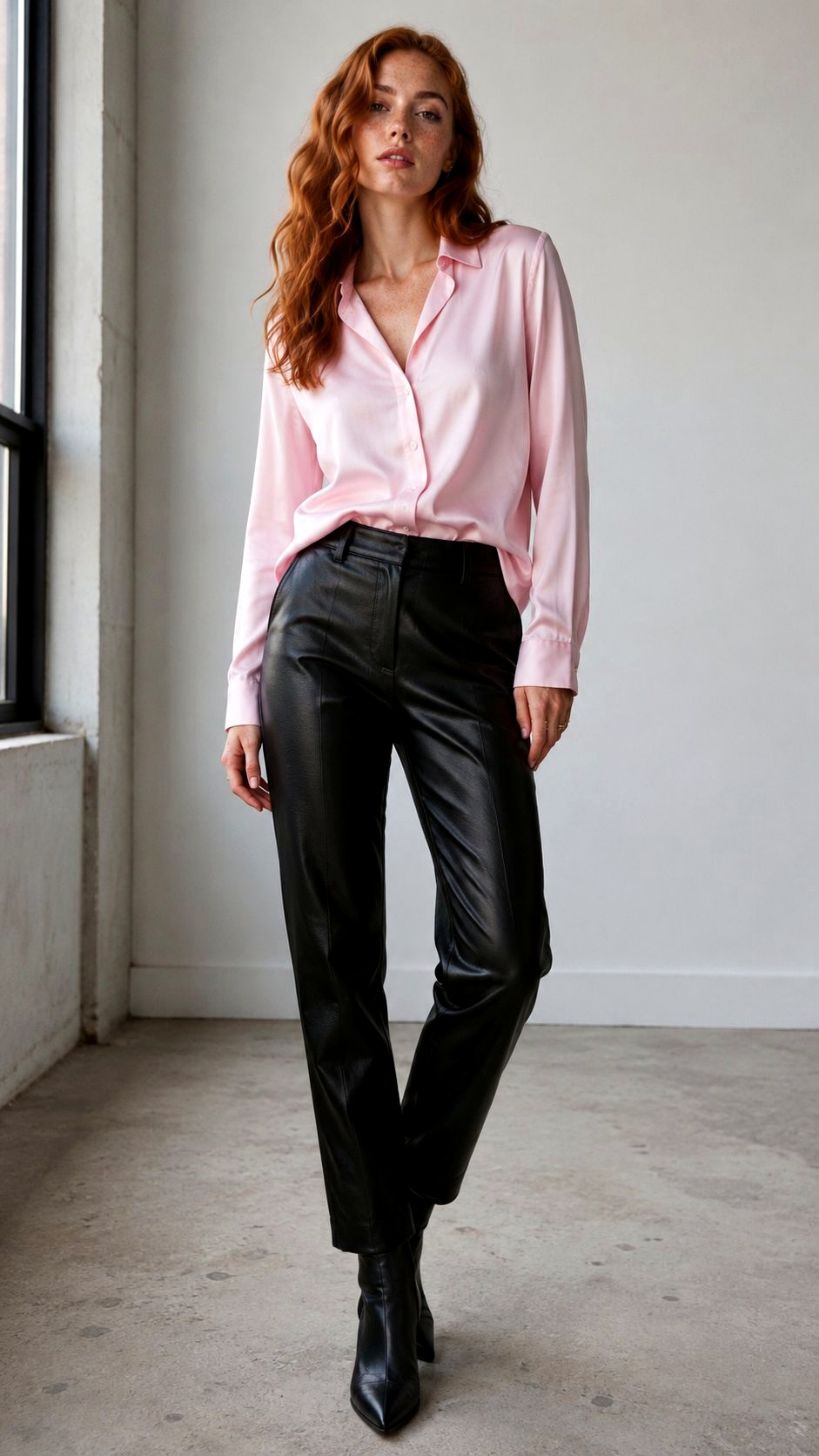 Baby Pink Shirt Outfit With Leather Trousers - 20 baby pink shirt outfit ideas