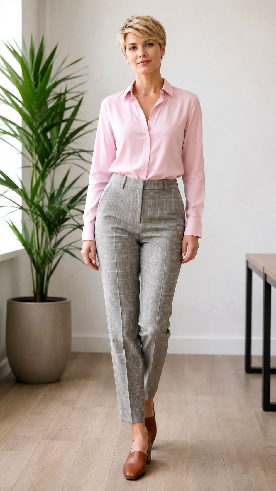 Baby Pink Shirt Outfit With Plaid Pants - 20 baby pink shirt outfit ideas