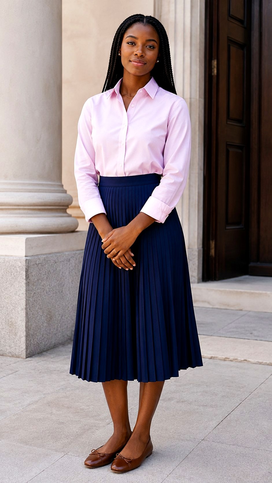 Baby Pink Shirt Outfit With Pleated Skirt - 20 baby pink shirt outfit ideas