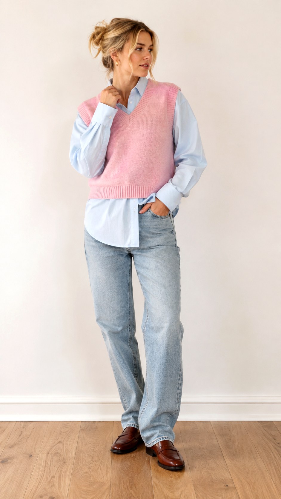 Baby Pink Sweater Vest Layering - 25 baby pink outfit ideas