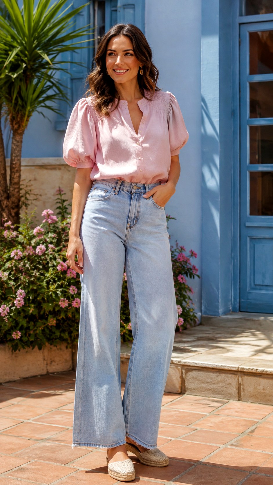 Baby Pink Top and Wide Leg Jeans - 24 baby pink top outfit ideas