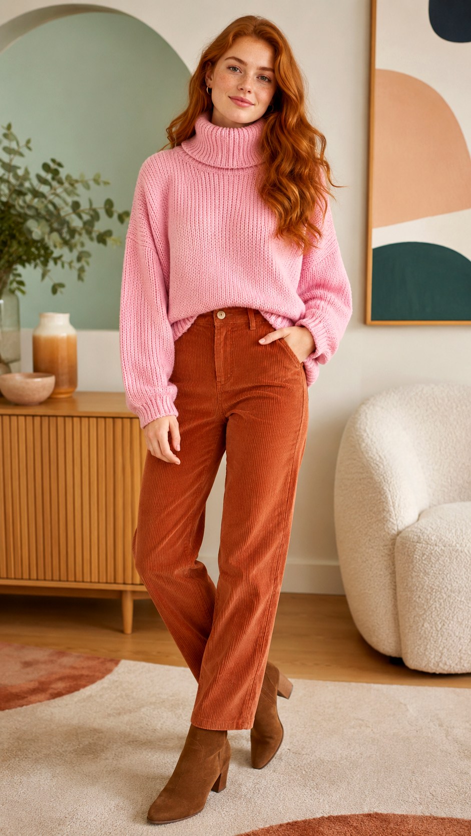 Baby Pink Top with Corduroy Pants - 24 baby pink top outfit ideas
