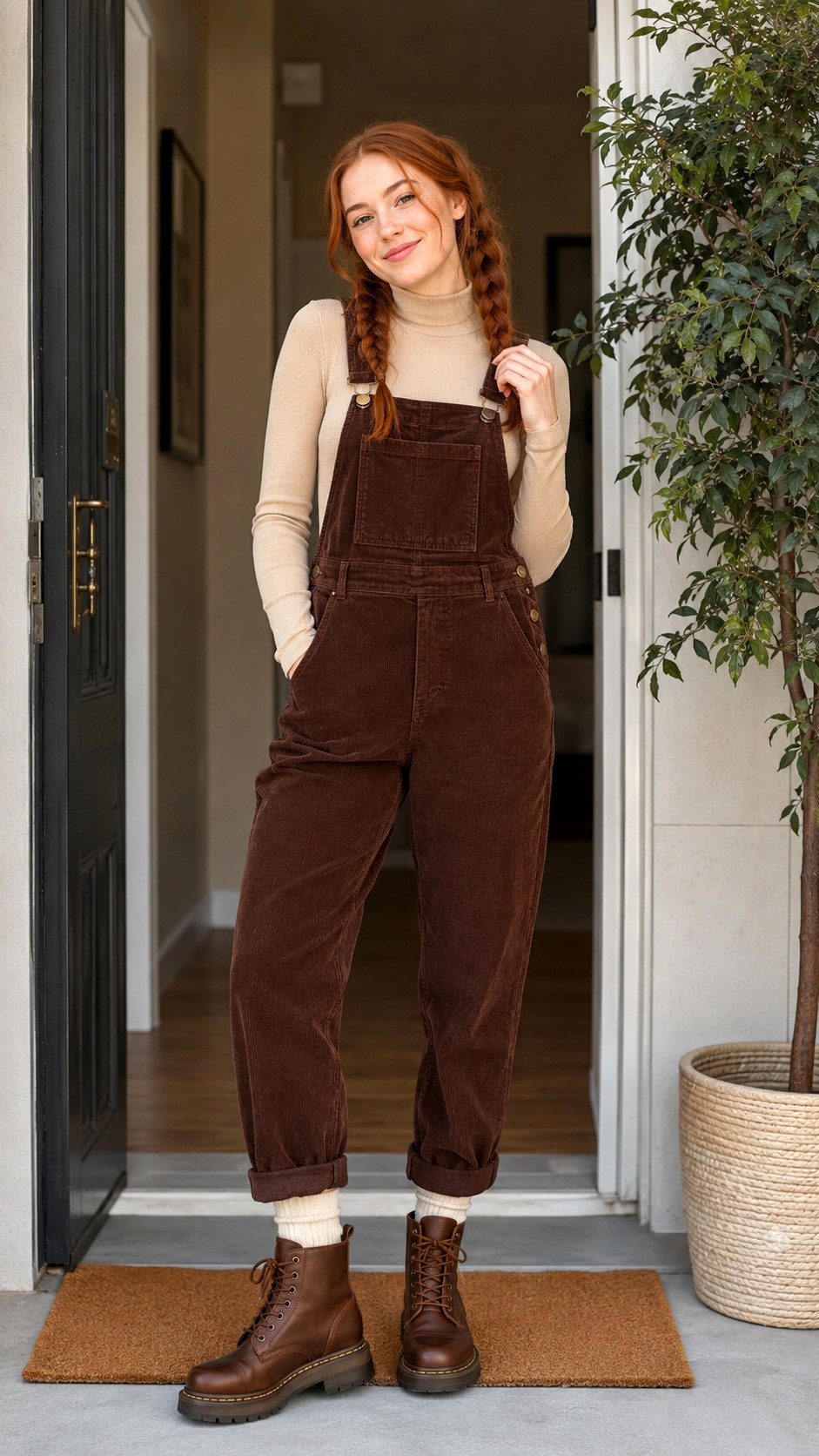 Beige Mock Neck and Brown Overalls - 22 deer aesthetic outfit ideas