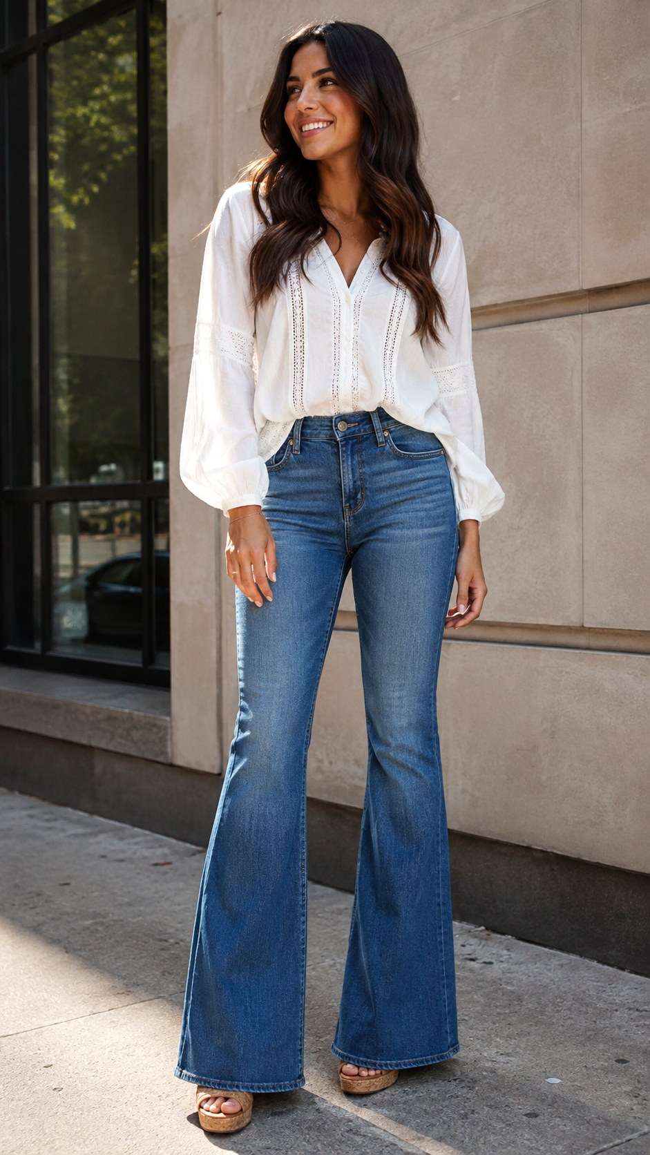 Bell Bottom Denim Peasant Blouse - 20 elegant jean outfit ideas