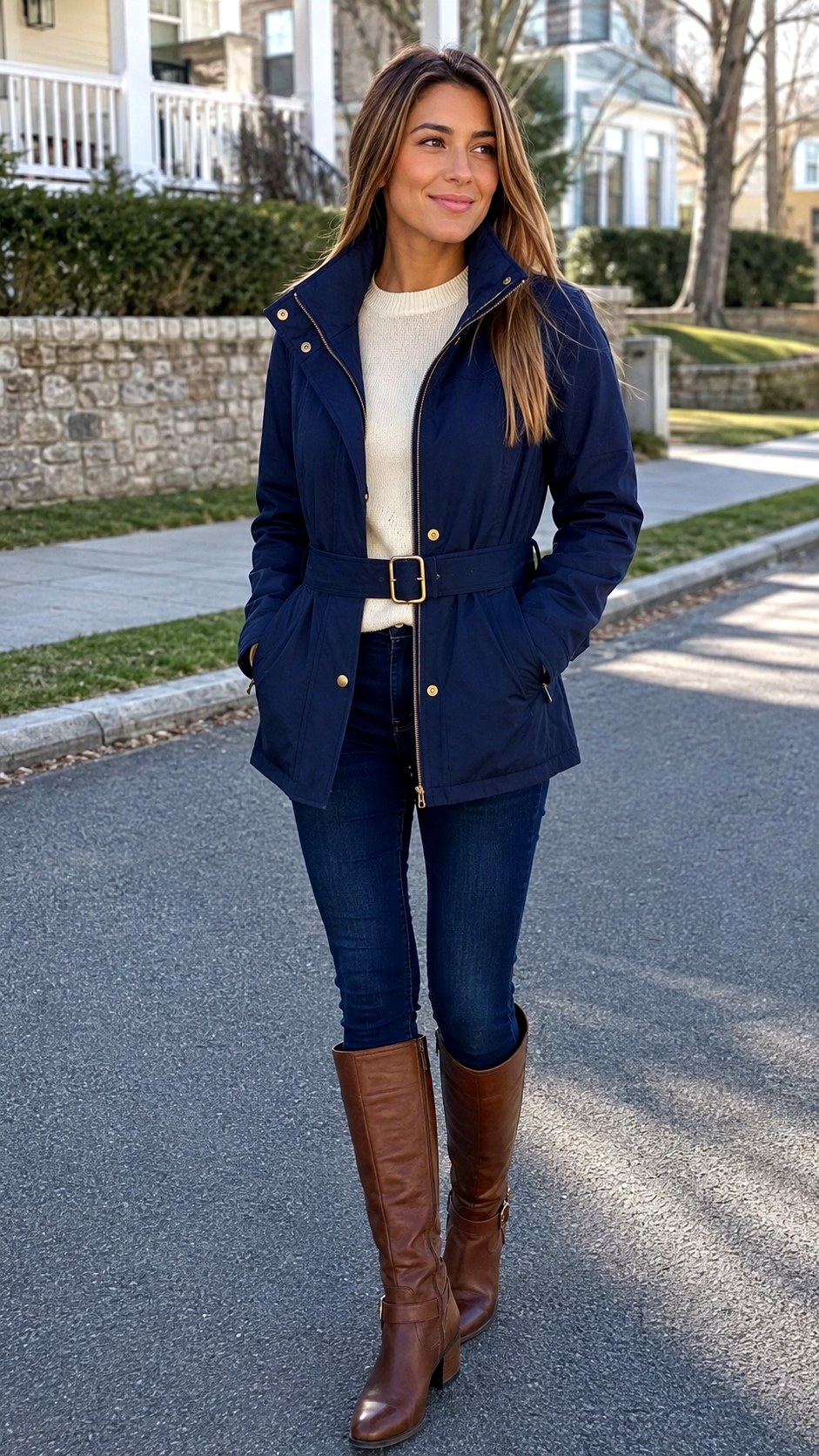 Belted Navy High Collar Jacket Outfit - 21 high collar jacket outfit ideas