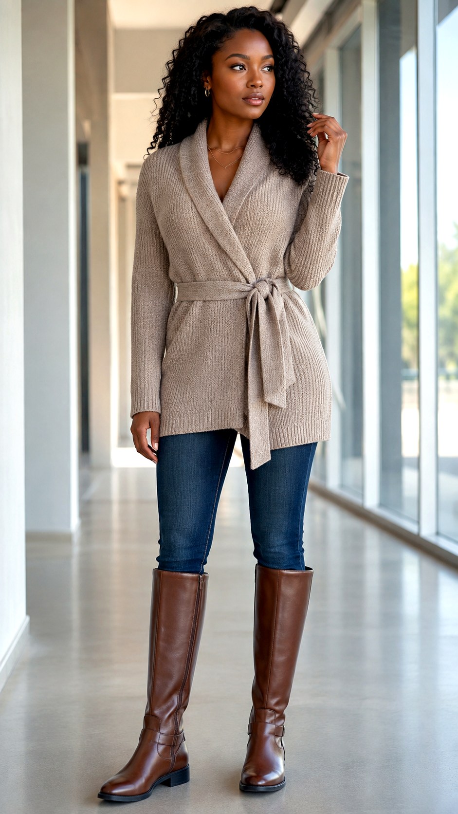 Belted Sweater Dress and Skinny Jeans - 21 sweater and jean outfit ideas