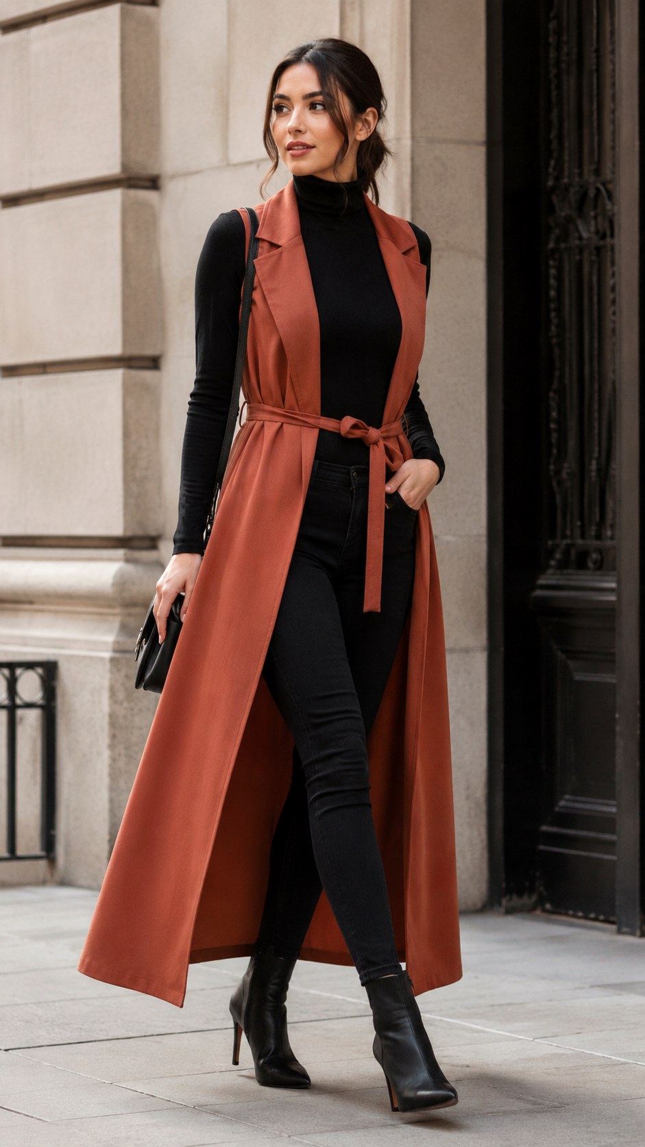Belted Terracotta Vest As Outerwear - 21 Terracotta Vest Outfit Ideas