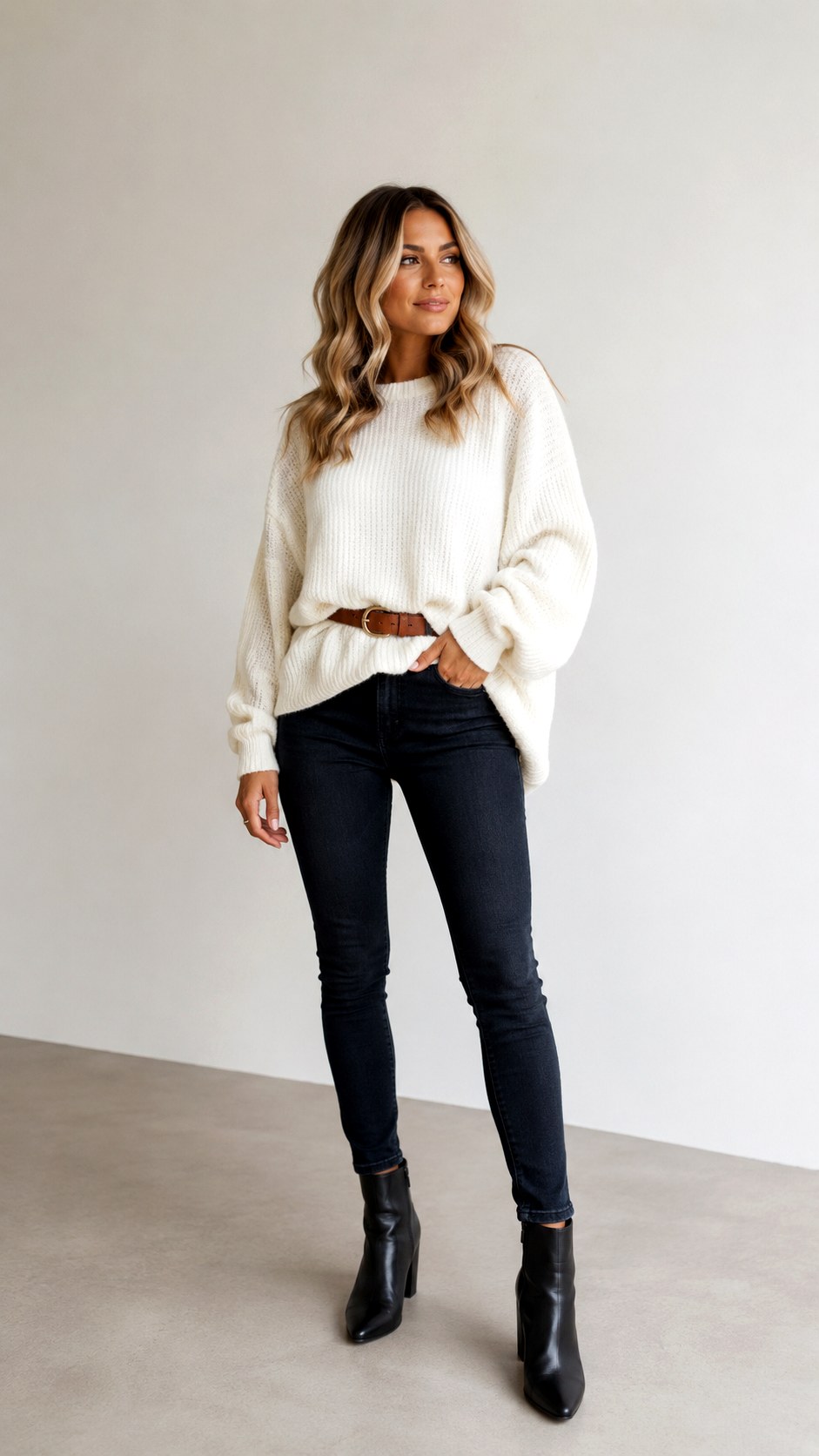 Belted White Knit Sweater Outfit Ideas - 21 white knit sweater outfit ideas