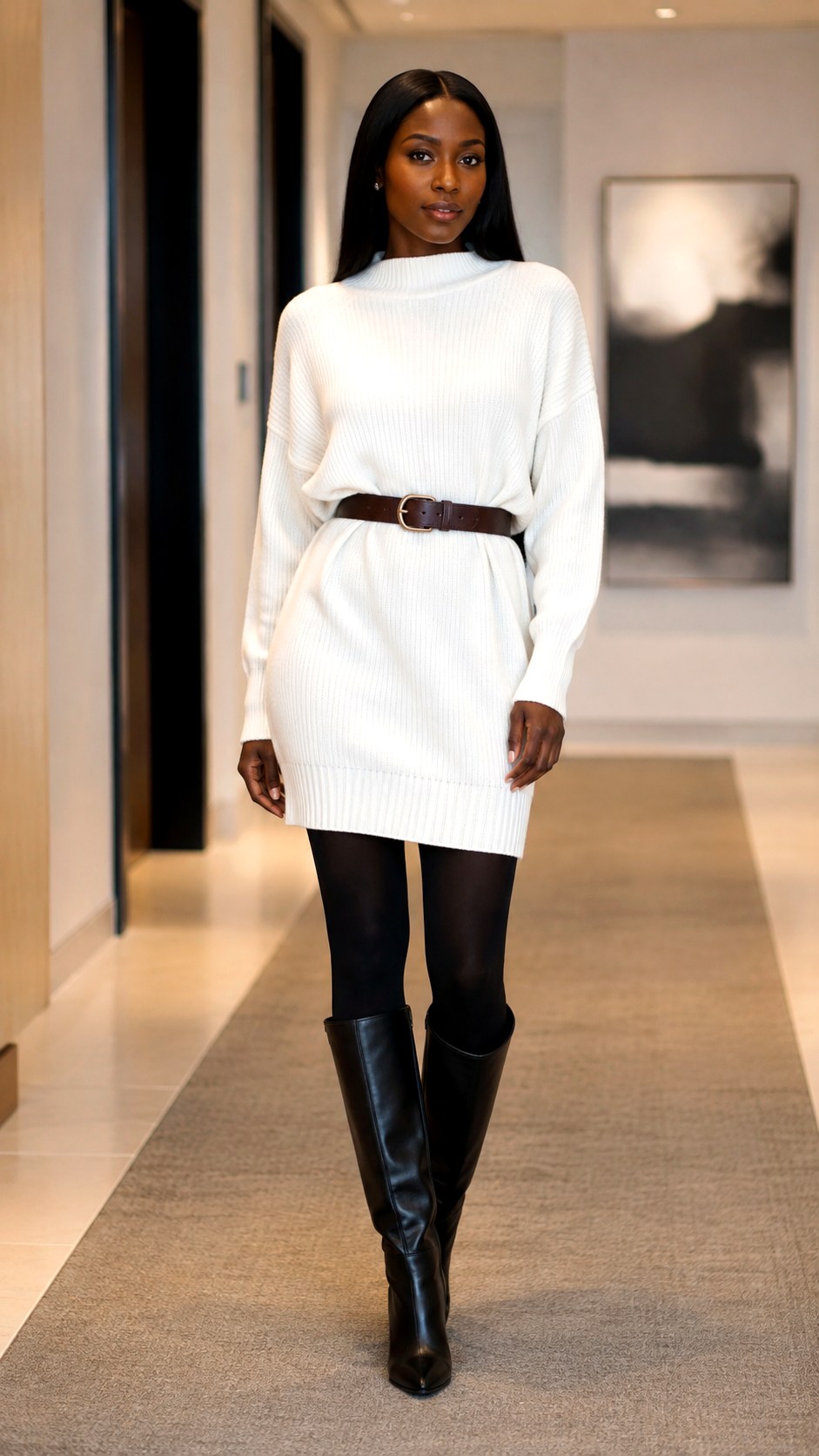 Belted White Sweater Dress Outfit - 25 white sweater outfit ideas