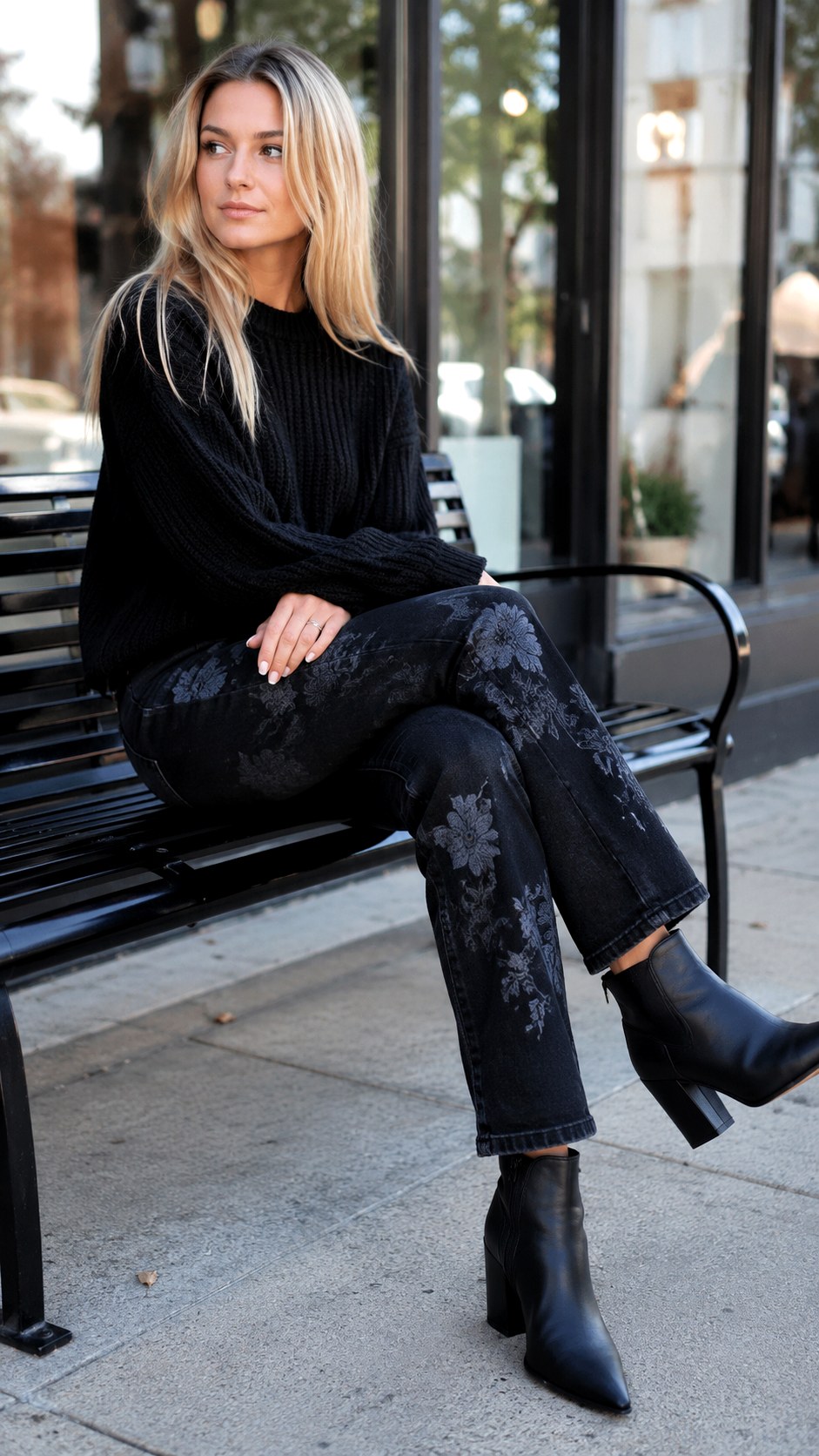 Black Denim With Dark Florals - 22 floral jeans outfit ideas