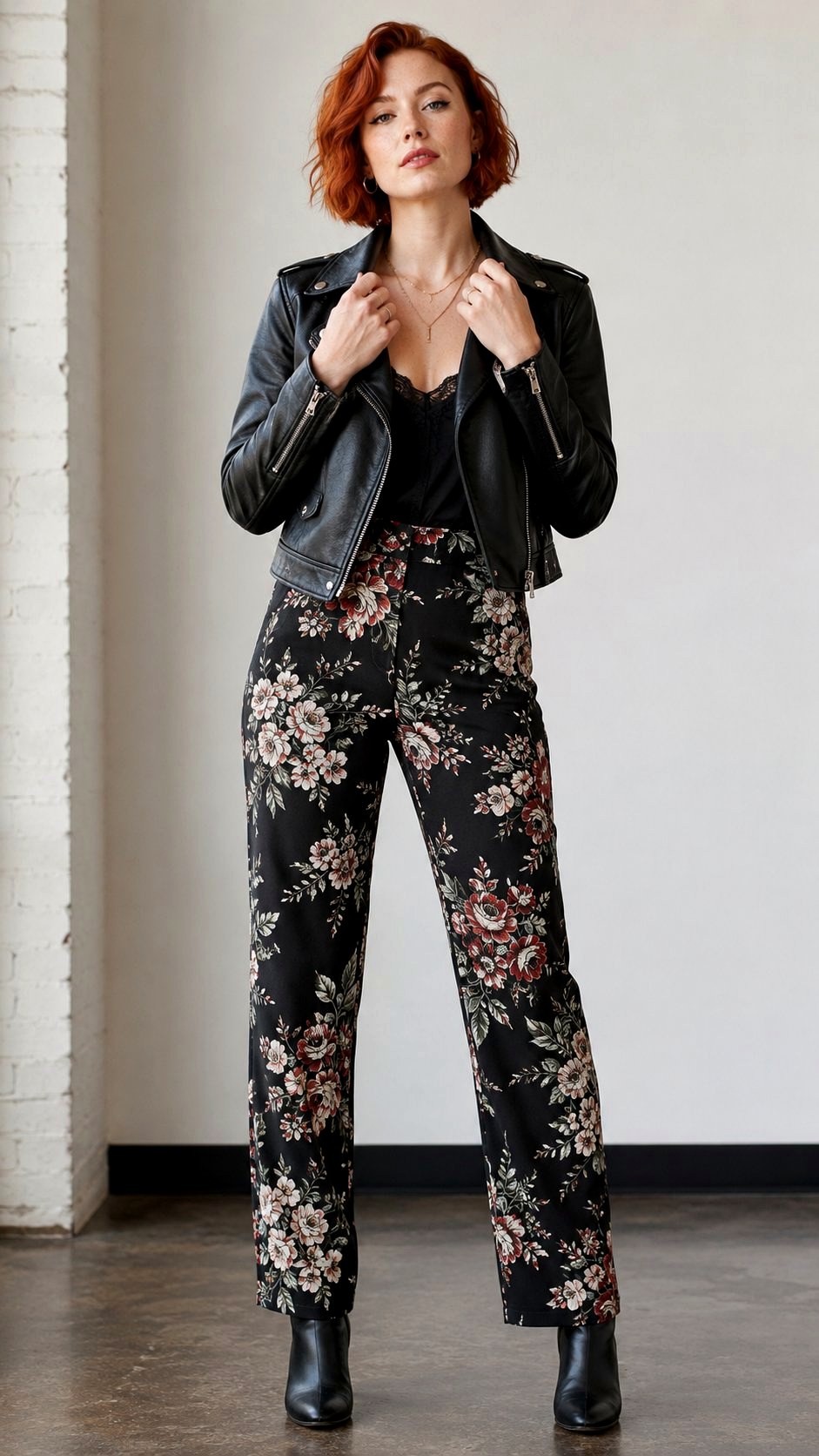 Black Floral Print Pants and Leather Jacket - 21 floral print pants ideas