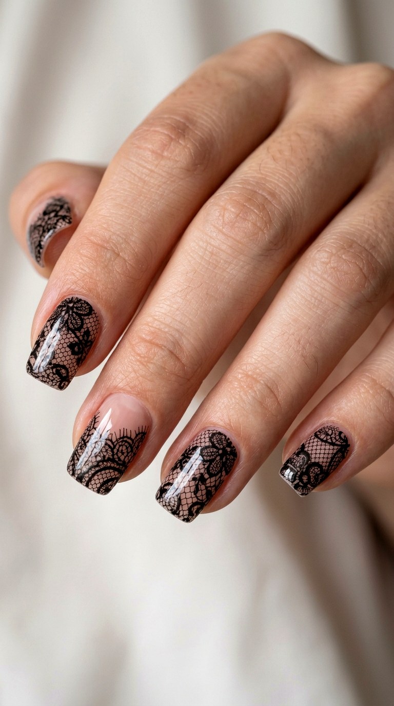 Black Lace on Sheer Nude Base - 22 lace nail art ideas