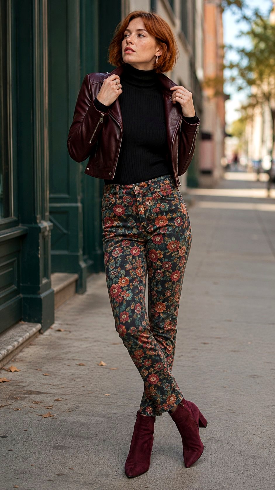 Black Turtleneck and Floral Denim - 20 printed jeans ideas
