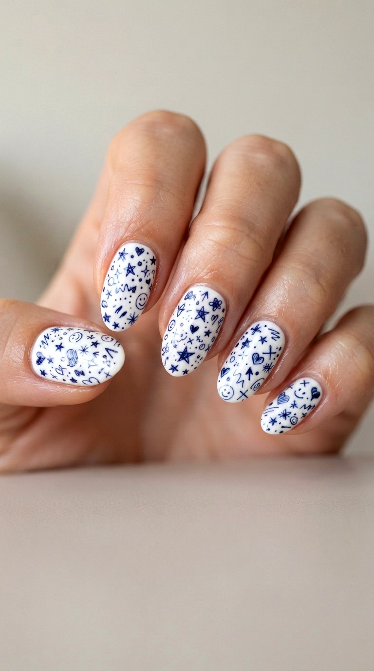 Blue Ink Sketch Nail Art - 21 school nail art designs