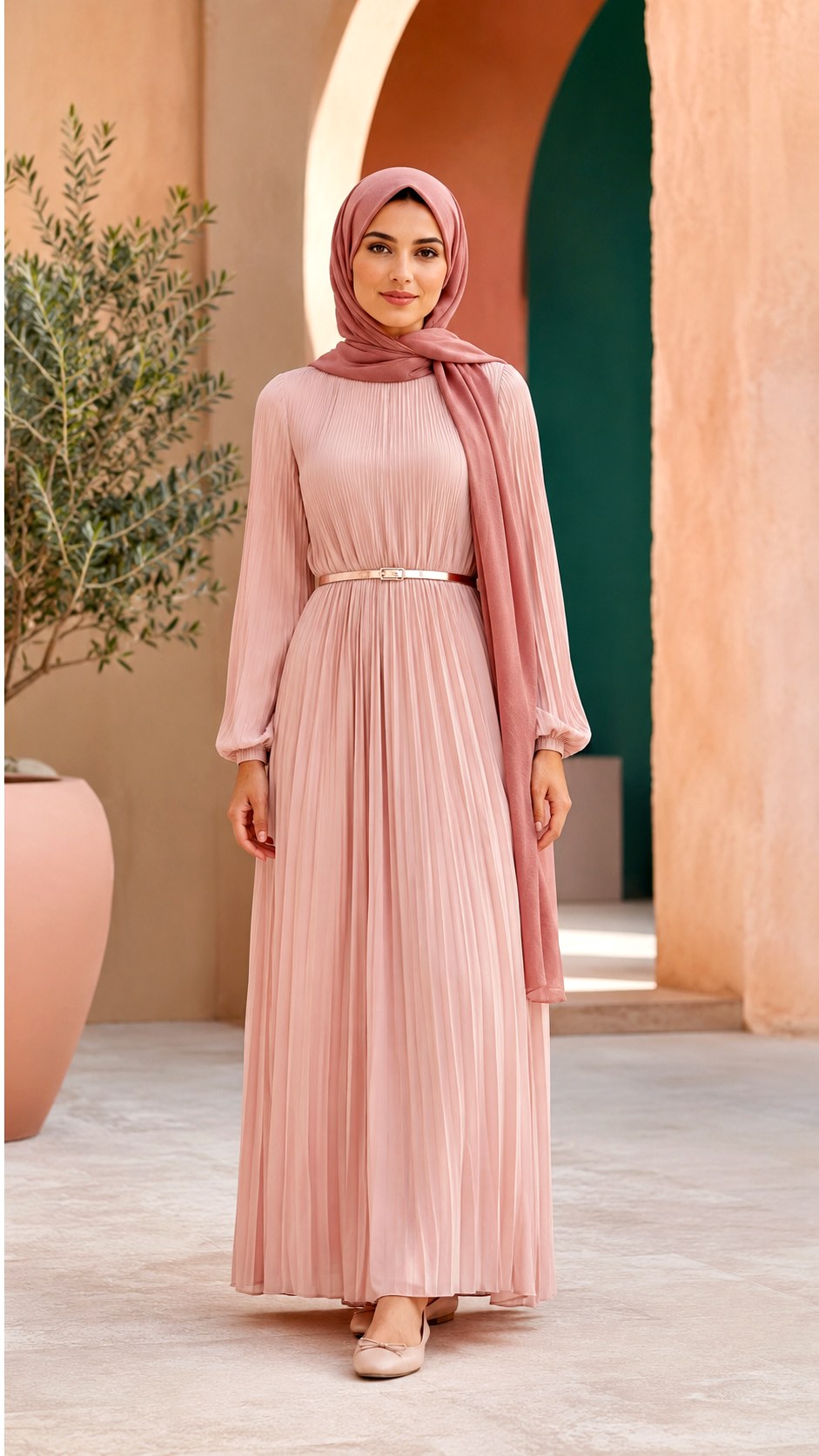 Blush Pink Pleated Maxi Dress Hijab - 23 baby pink outfit hijab ideas