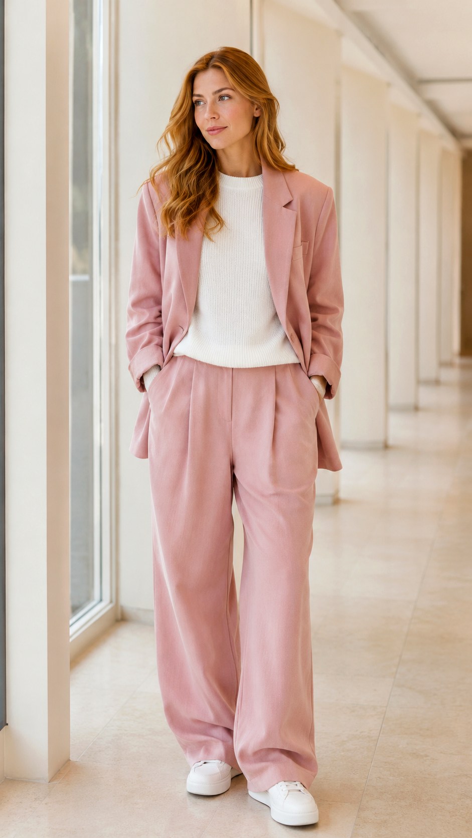 Blush Pink Suit and Knits - 25 baggy suit outfit ideas