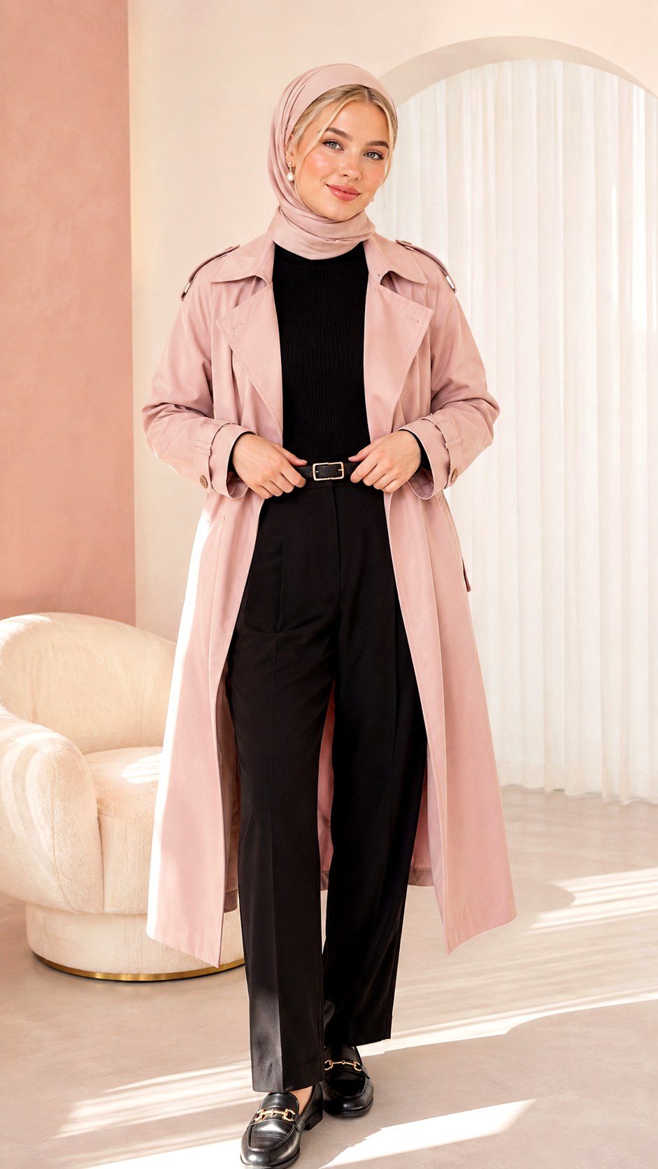 Blush Pink Trench Coat Hijab Ensemble - 23 baby pink outfit hijab ideas