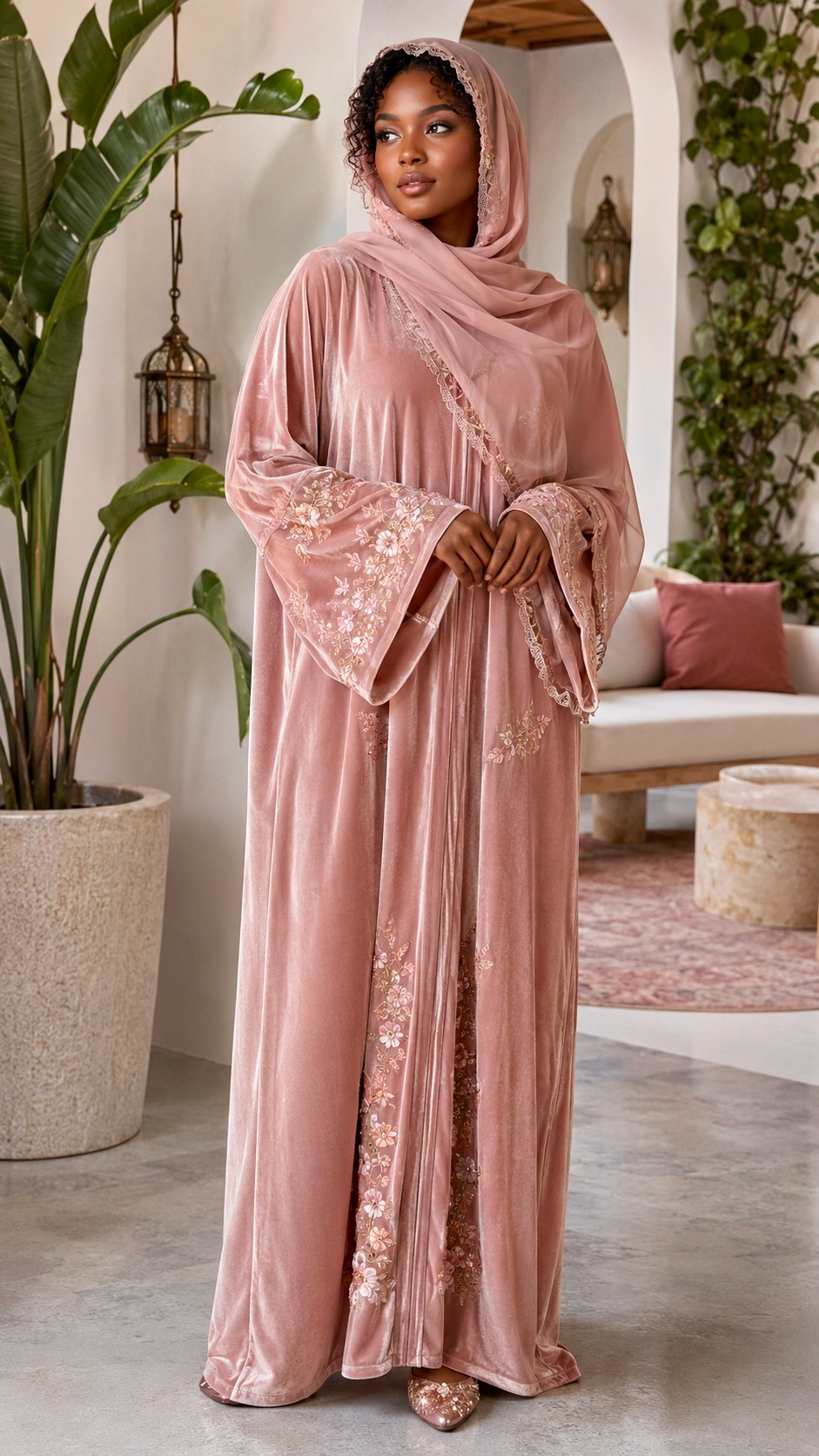 Blush Pink Velvet Abaya Hijab Design - 23 baby pink outfit hijab ideas