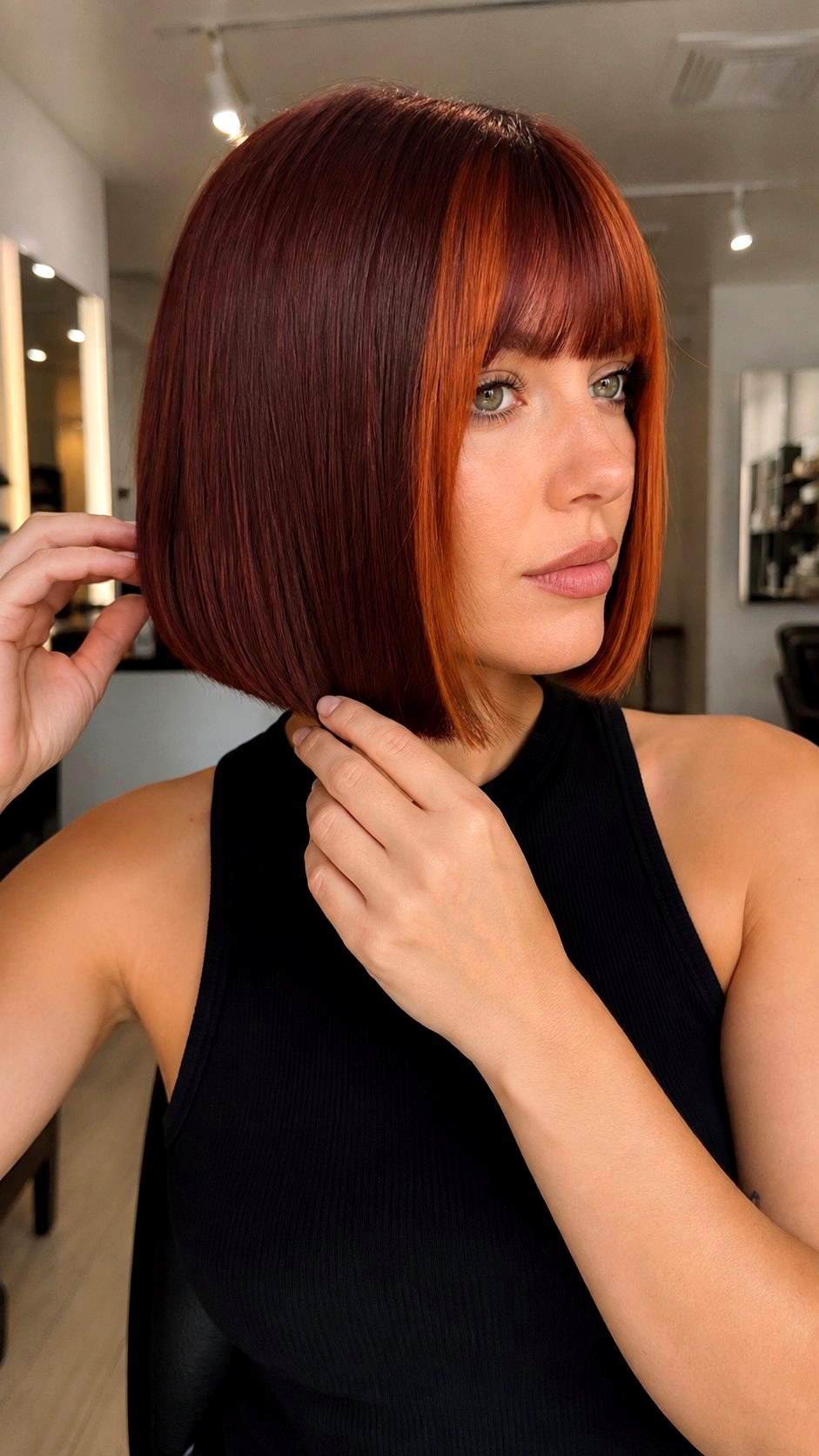 Bob with Copper Money Piece and Blunt Bangs - 25 bangs copper ideas