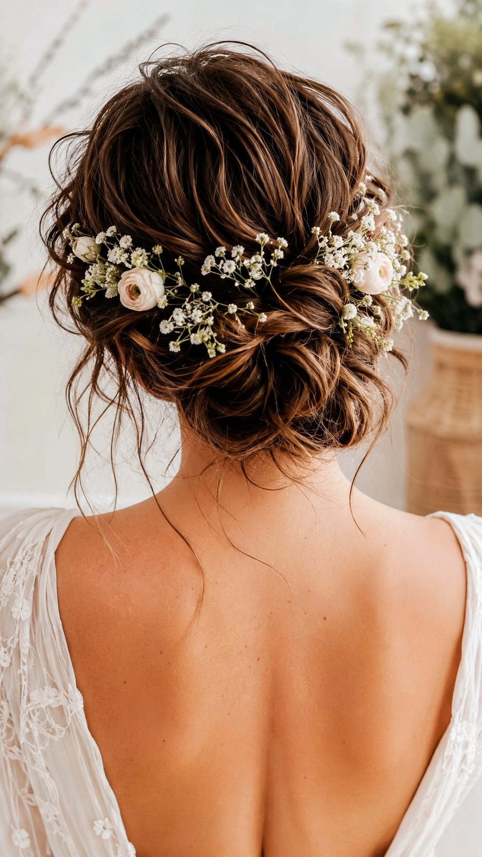 Bohemian Floral Accent Low Bun Hairstyle - 25 low bun hairstyles wedding ideas