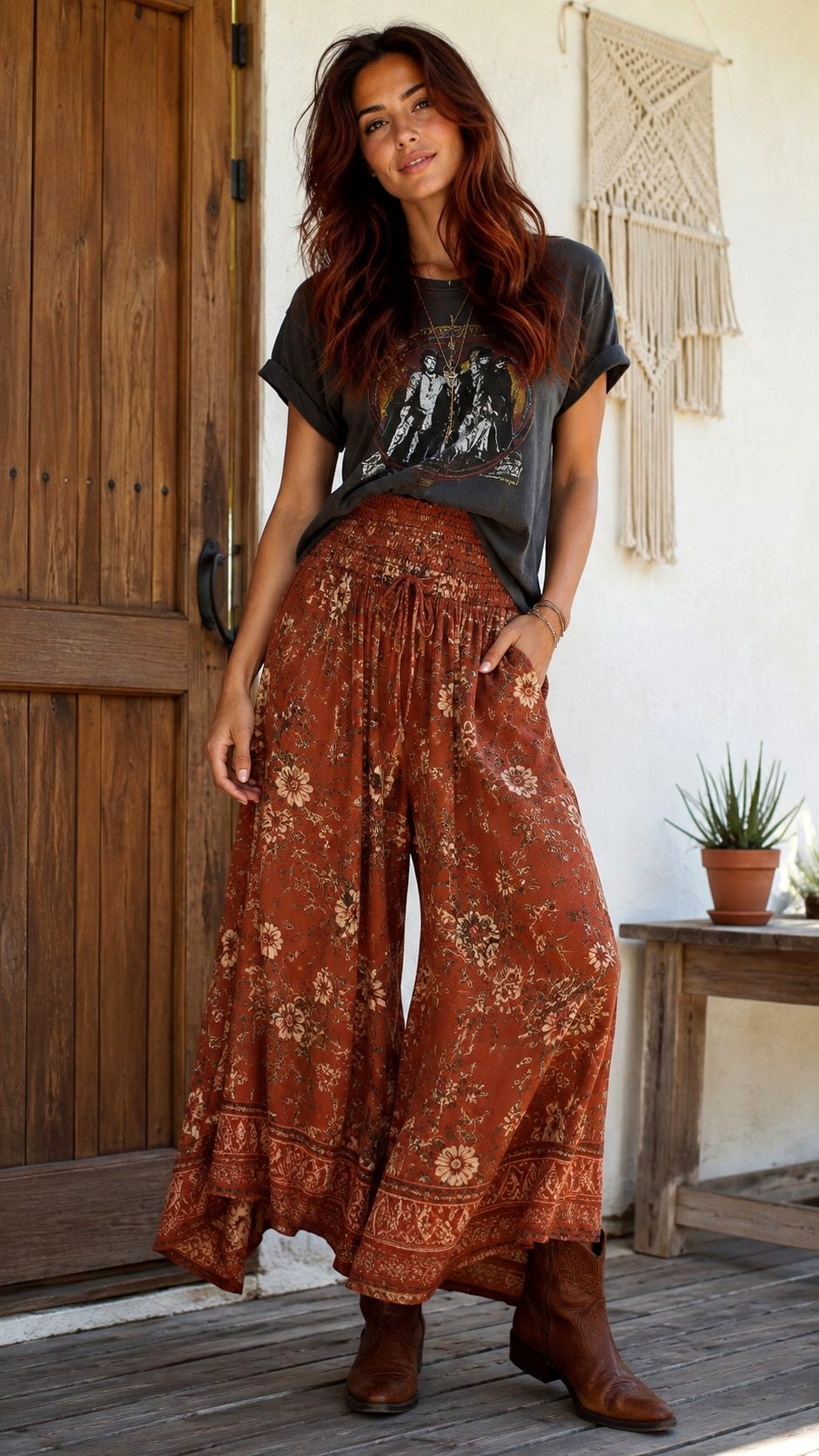 Bohemian Rust Peasant Floral Palazzo Pants - 20 floral palazzo ideas