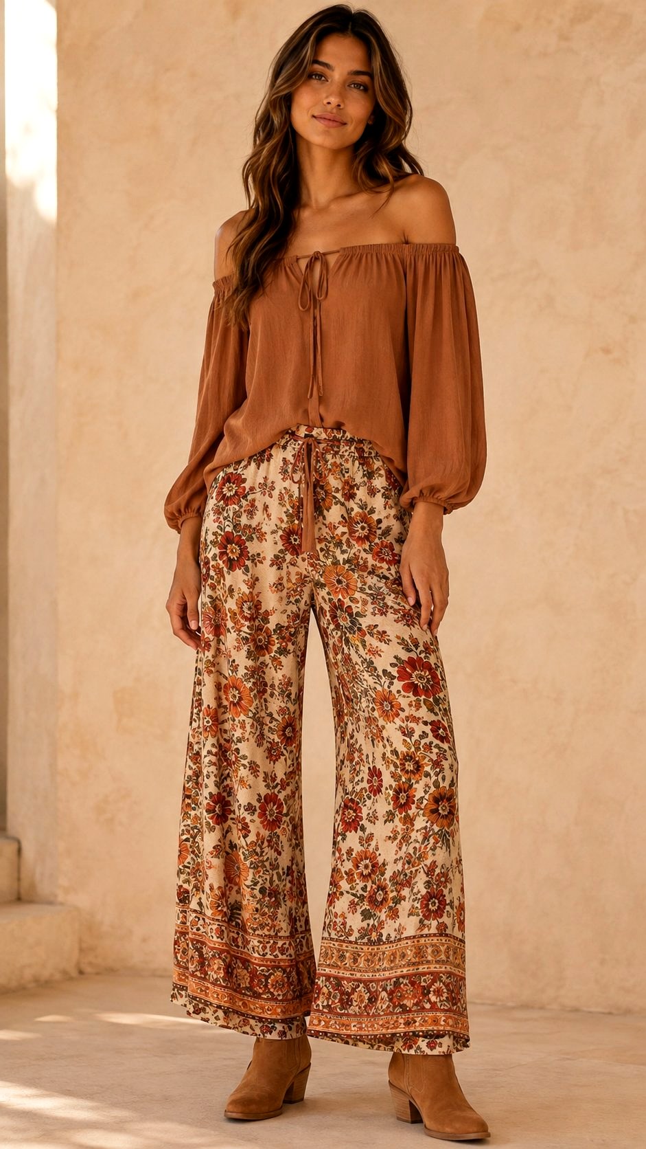 Boho Floral Print Pants With Off Shoulder Blouse - 21 floral print pants ideas