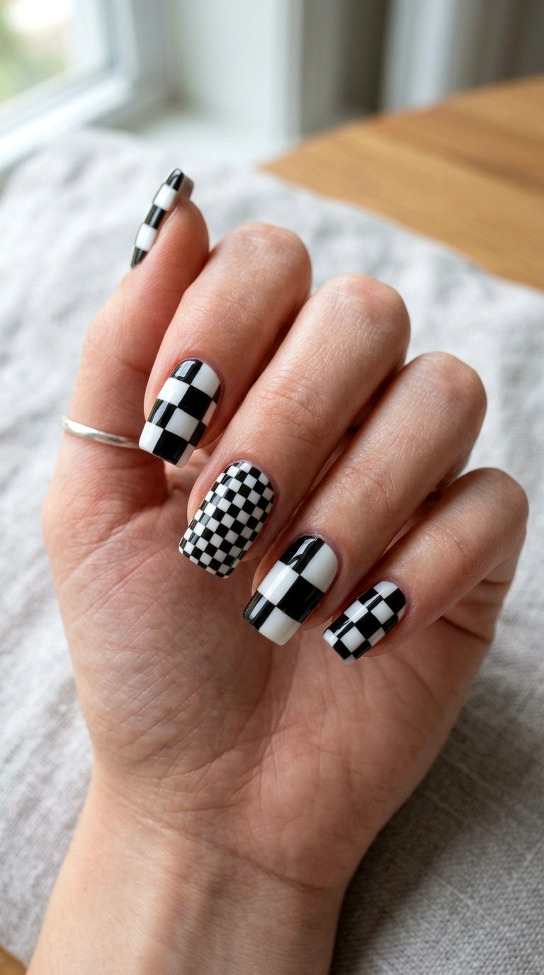Bold Graphic Black and White Checkerboard - 24 Summer Nail Design Inspo