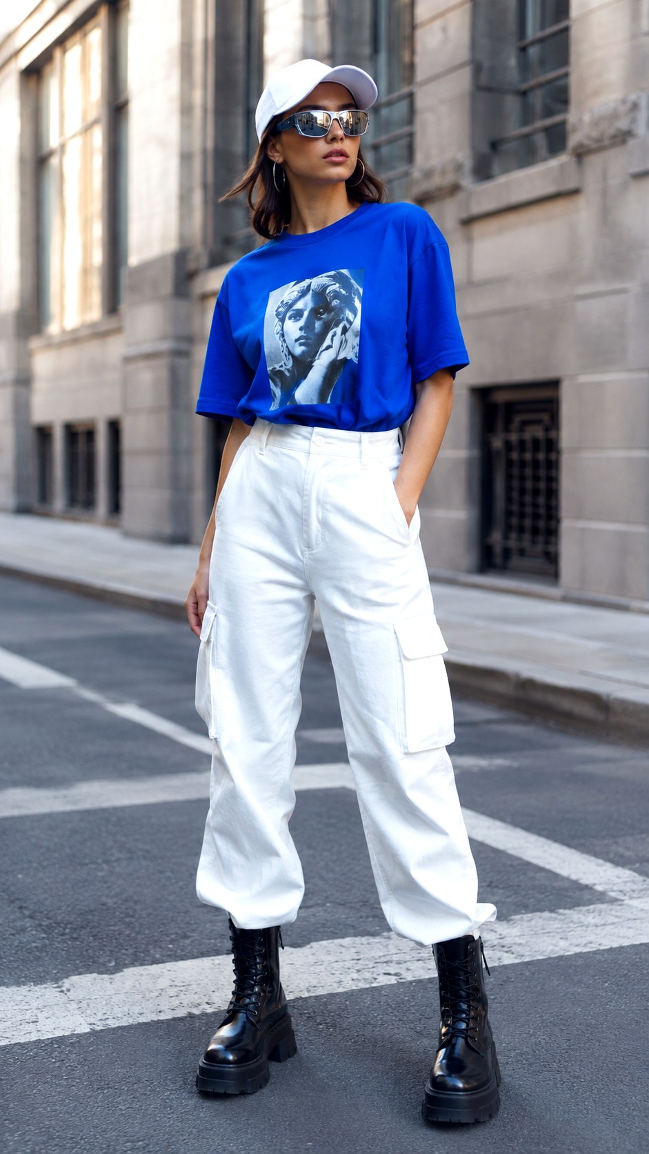 Boxy Tee and Cargo Pants - 24 Cobalt Blue & White Co-ord outfit Ideas