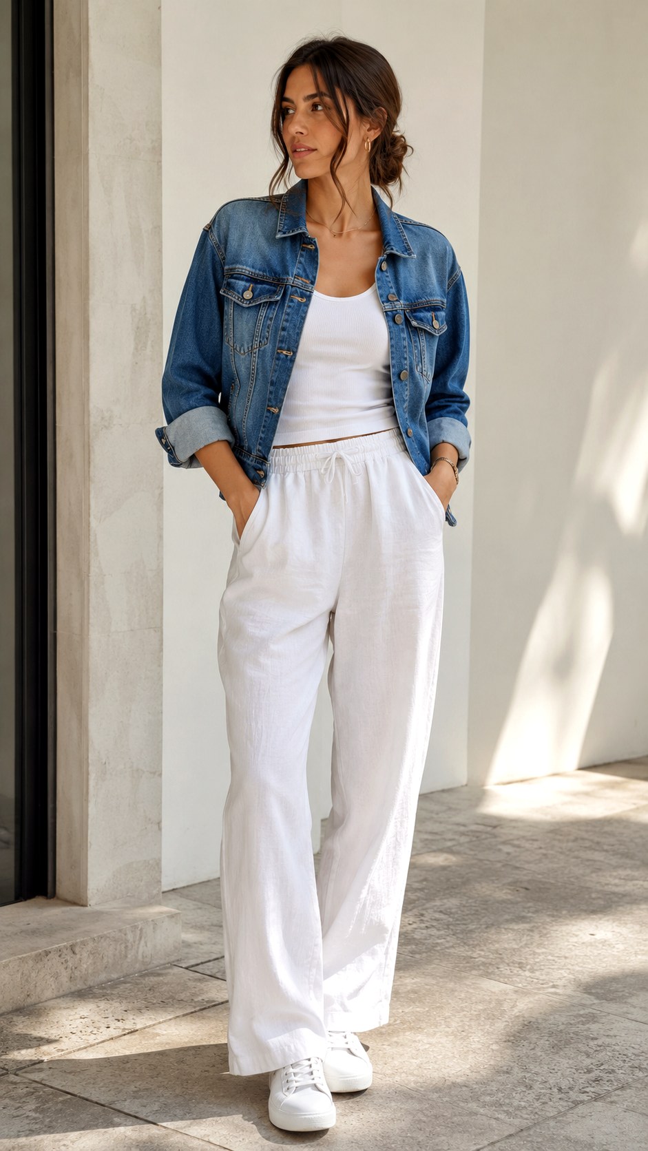Breezy White Linen Pants With Denim Jacket - 24 White Linen Pants Outfit Ideas
