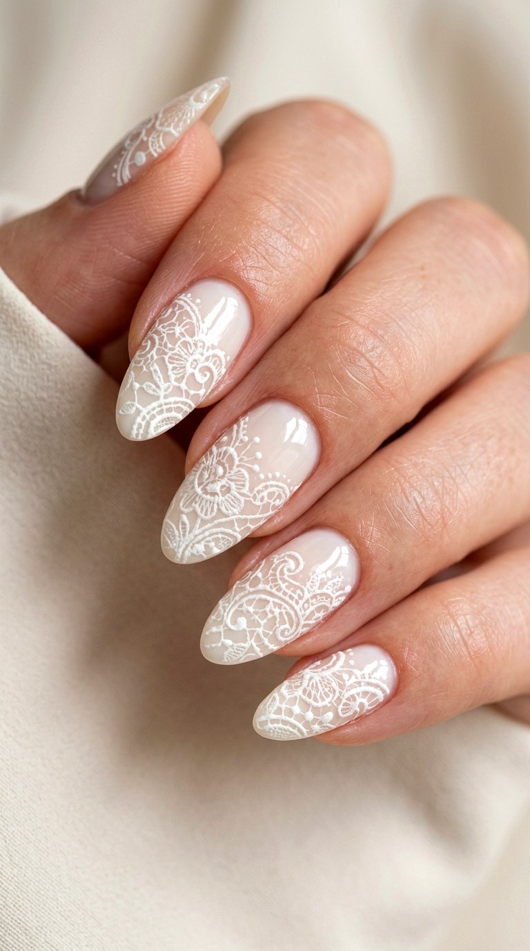 Bridal Ivory Lace Almond Nails - 22 lace nail art ideas