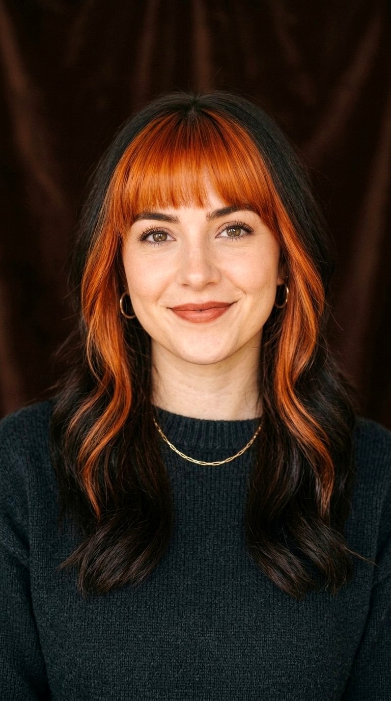 Bright Copper Bangs on Dark Hair - 21 curtain bangs copper ideas