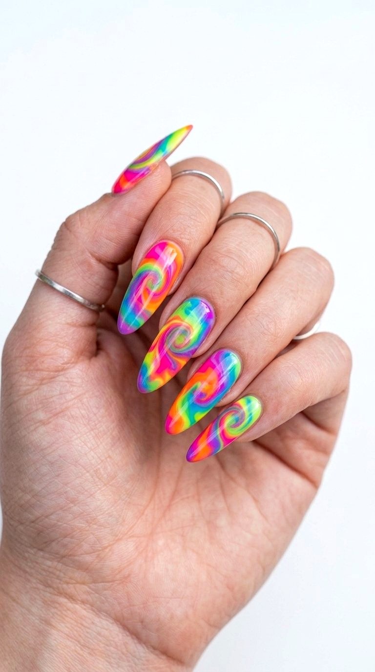 Bright Tie Dye Swirl Acrylics - 20 Summer Acrylic Nail Art Ideas