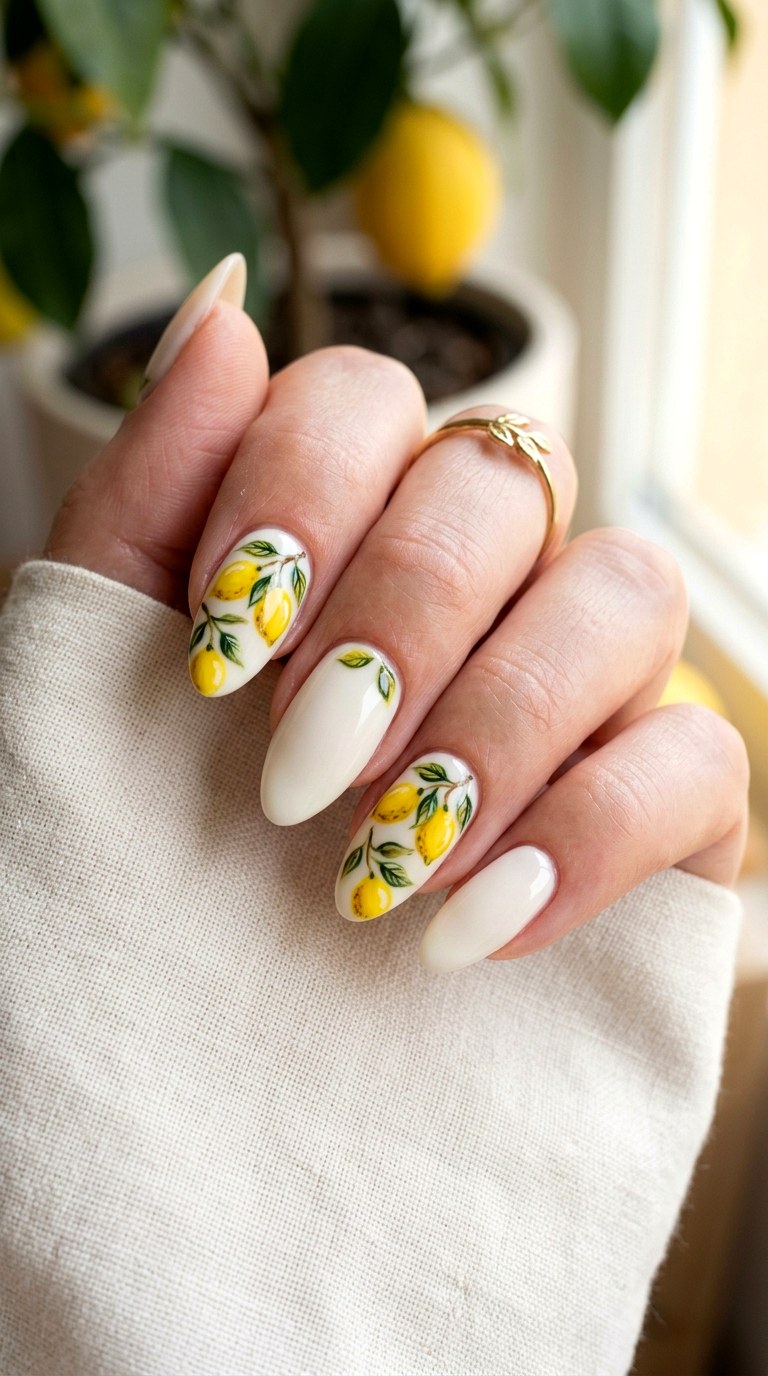 Bright Yellow Lemon Accent Nails - 22 Summer Nail Art Ideas