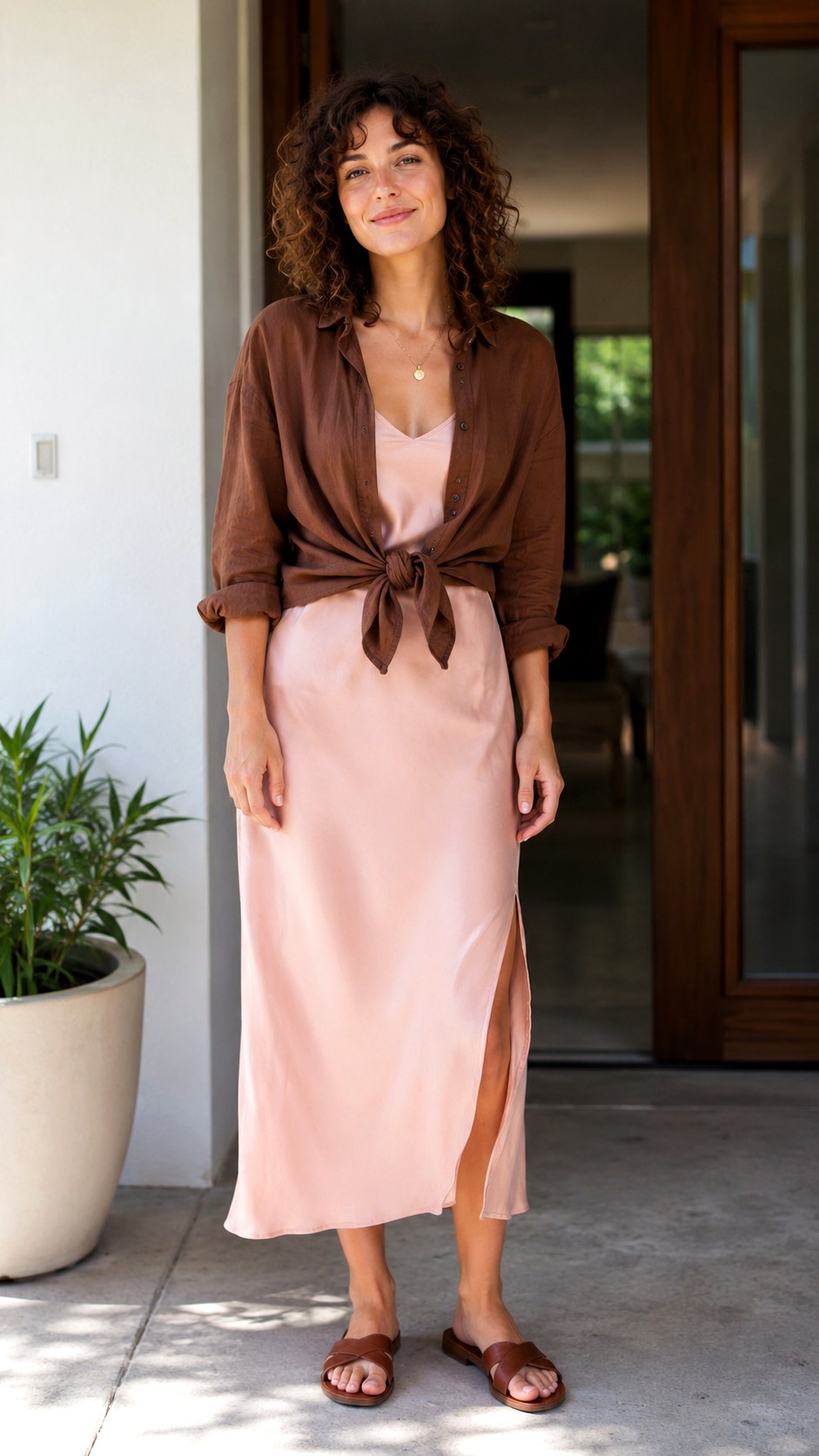 Brown Linen Shirt Over a Slip Dress - 23 brown linen shirt outfit ideas