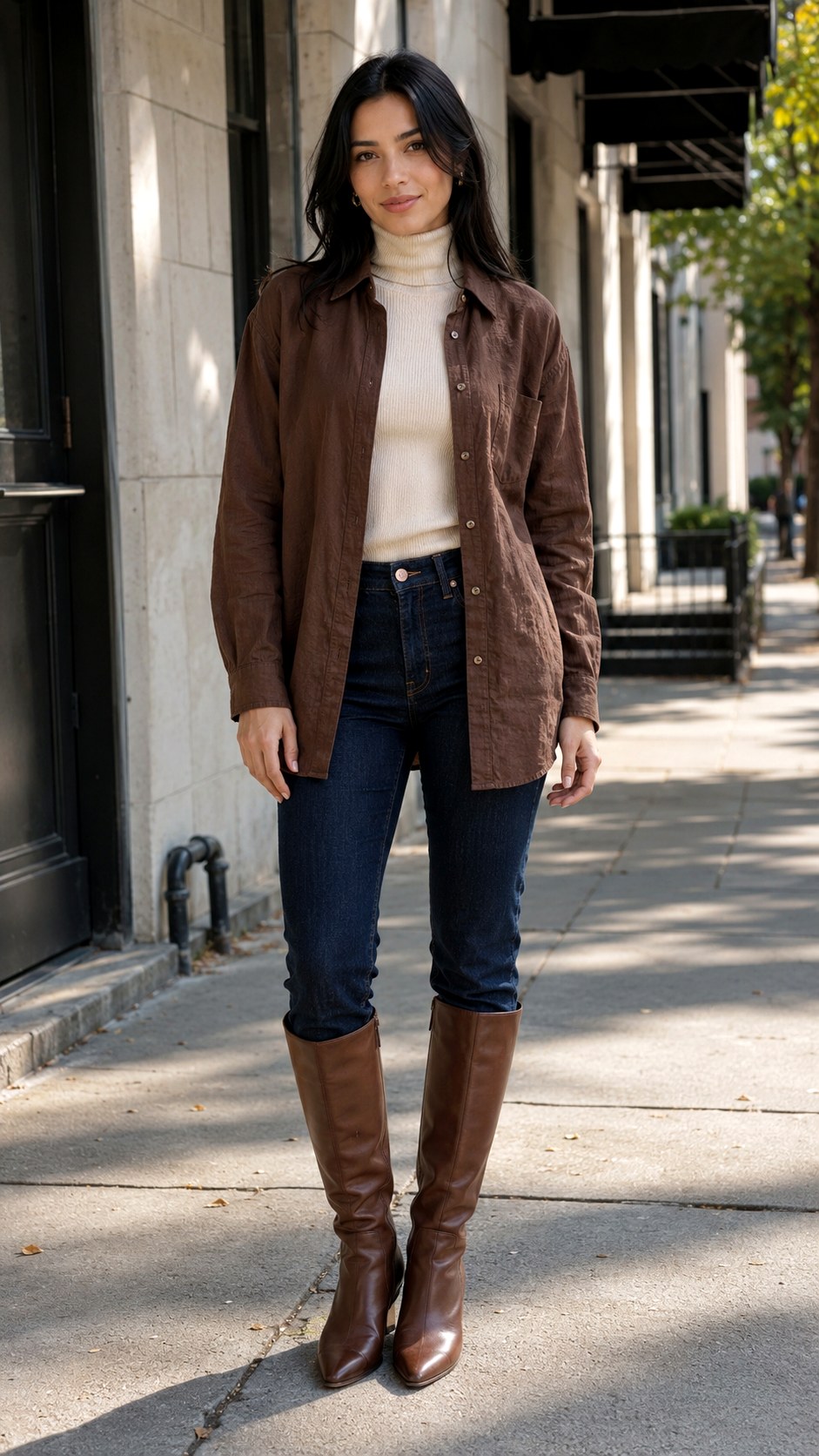 Brown Linen Shirt Over a Turtleneck - 23 brown linen shirt outfit ideas