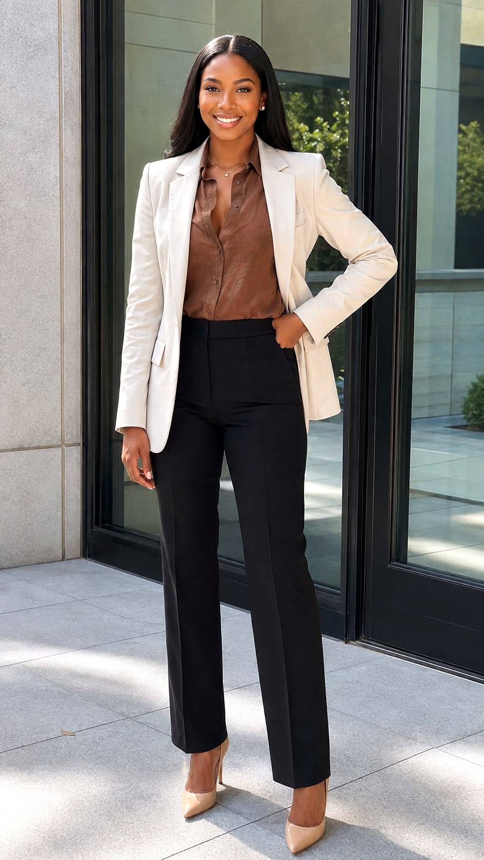 Brown Linen Shirt Under a Blazer - 23 brown linen shirt outfit ideas