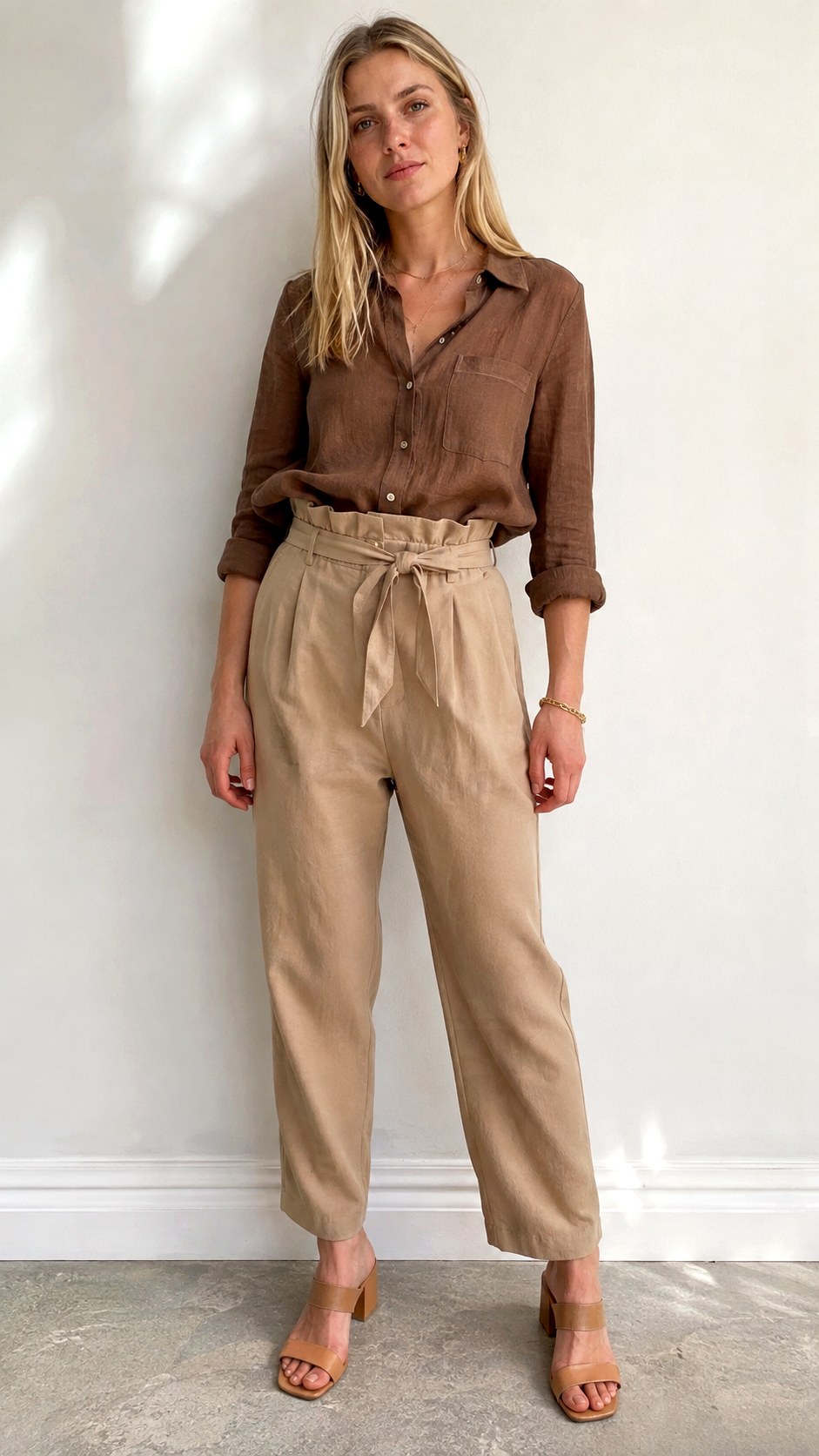Brown Linen Shirt With Paperbag Waist Pants - 23 brown linen shirt outfit ideas