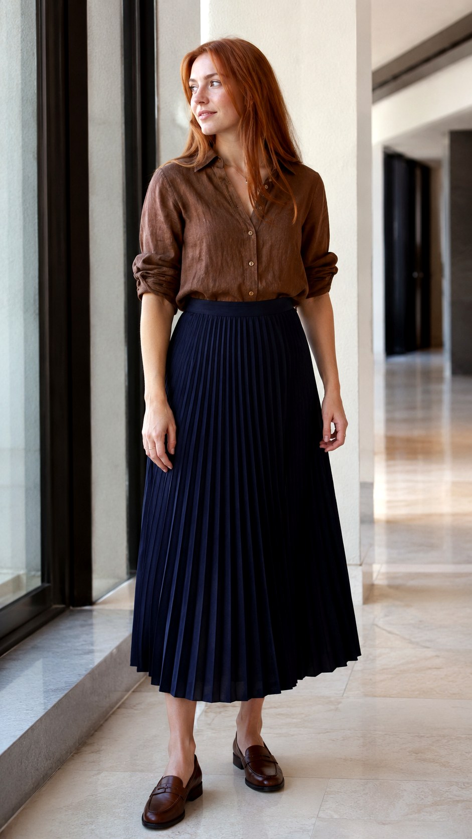 Brown Linen Shirt With Pleated Skirts - 23 brown linen shirt outfit ideas