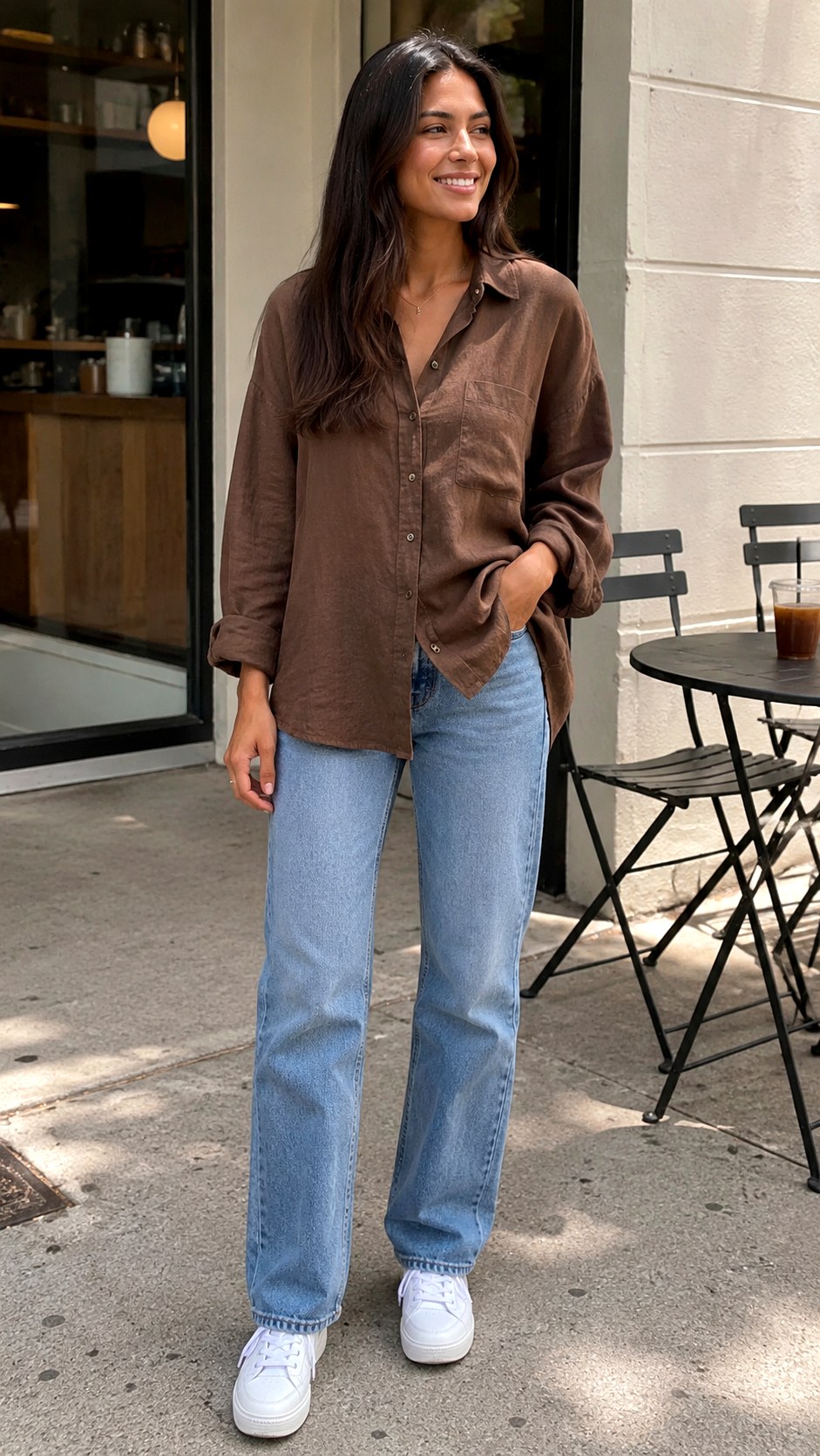 Brown Linen Shirt With White Sneakers - 23 brown linen shirt outfit ideas