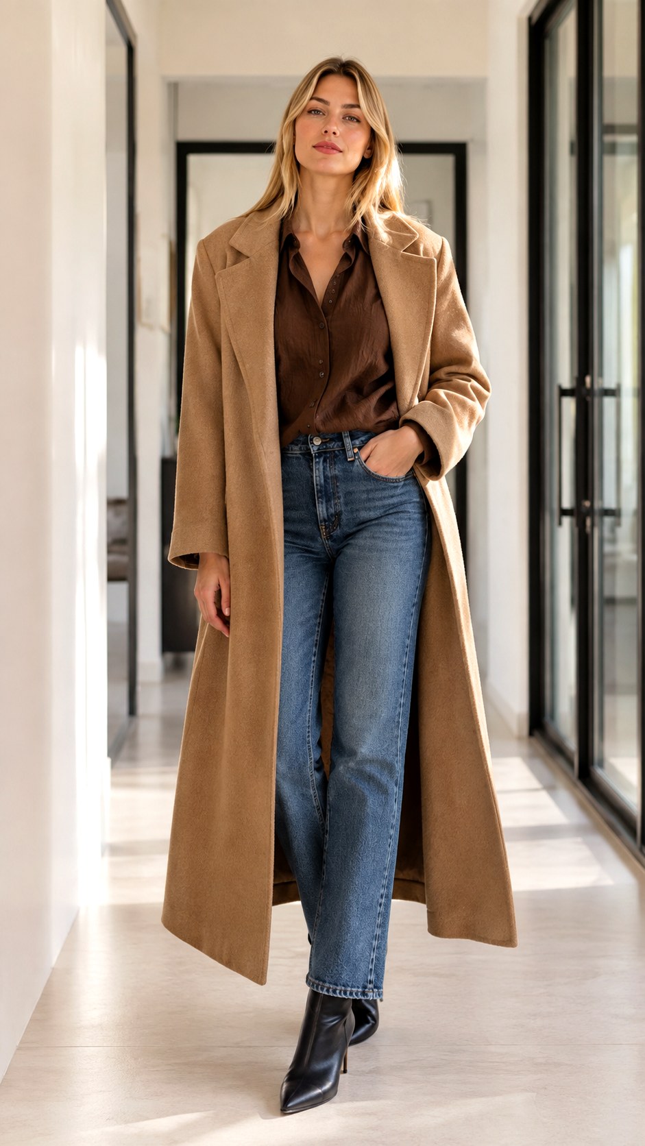 Brown Linen Shirt With a Maxi Coat - 23 brown linen shirt outfit ideas