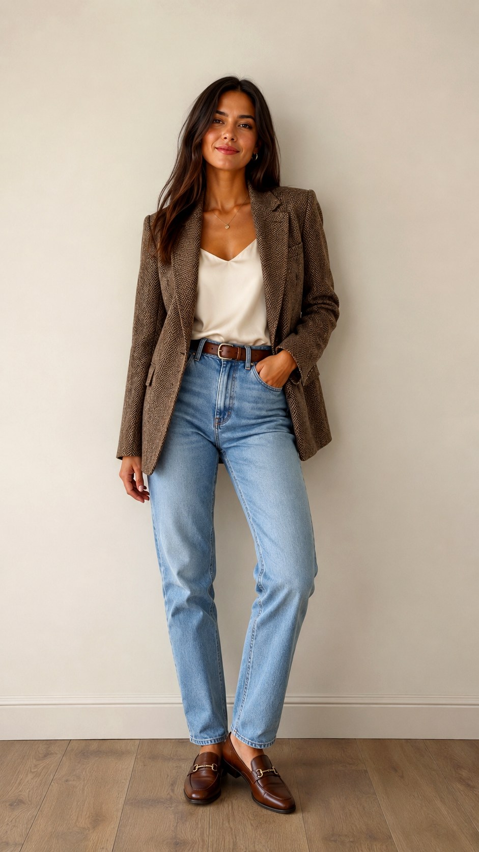 Brown Tweed Blazer and Jeans - 22 deer aesthetic outfit ideas