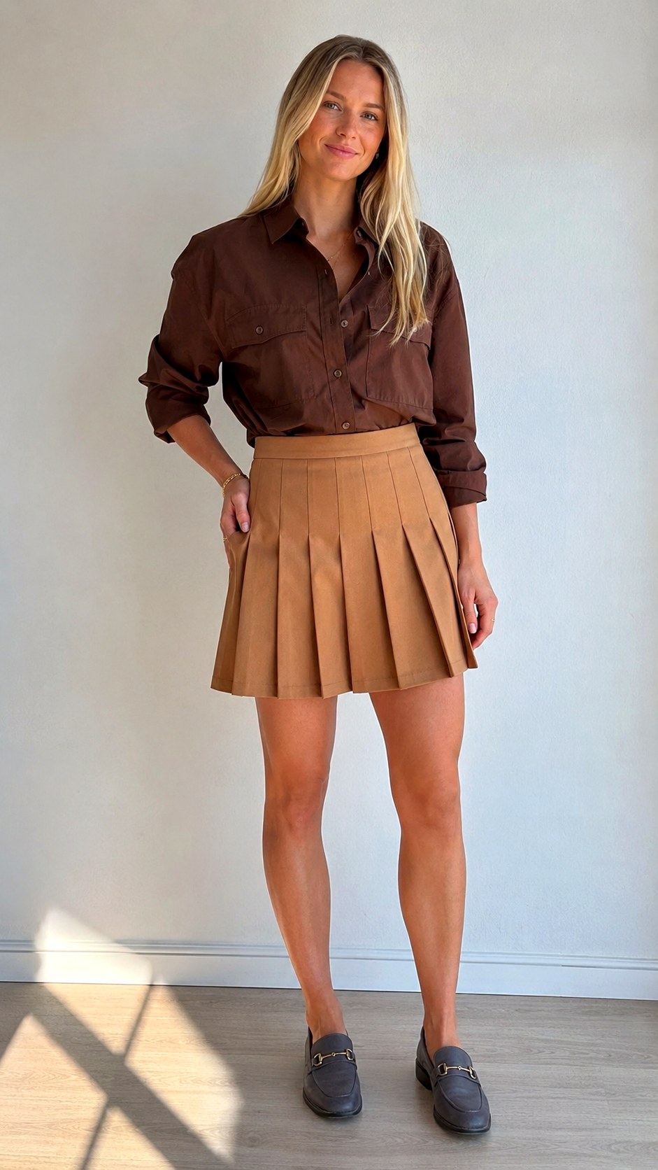 Brown Utility Shirt Pleated Skirt - 22 utility shirt outfit ideas