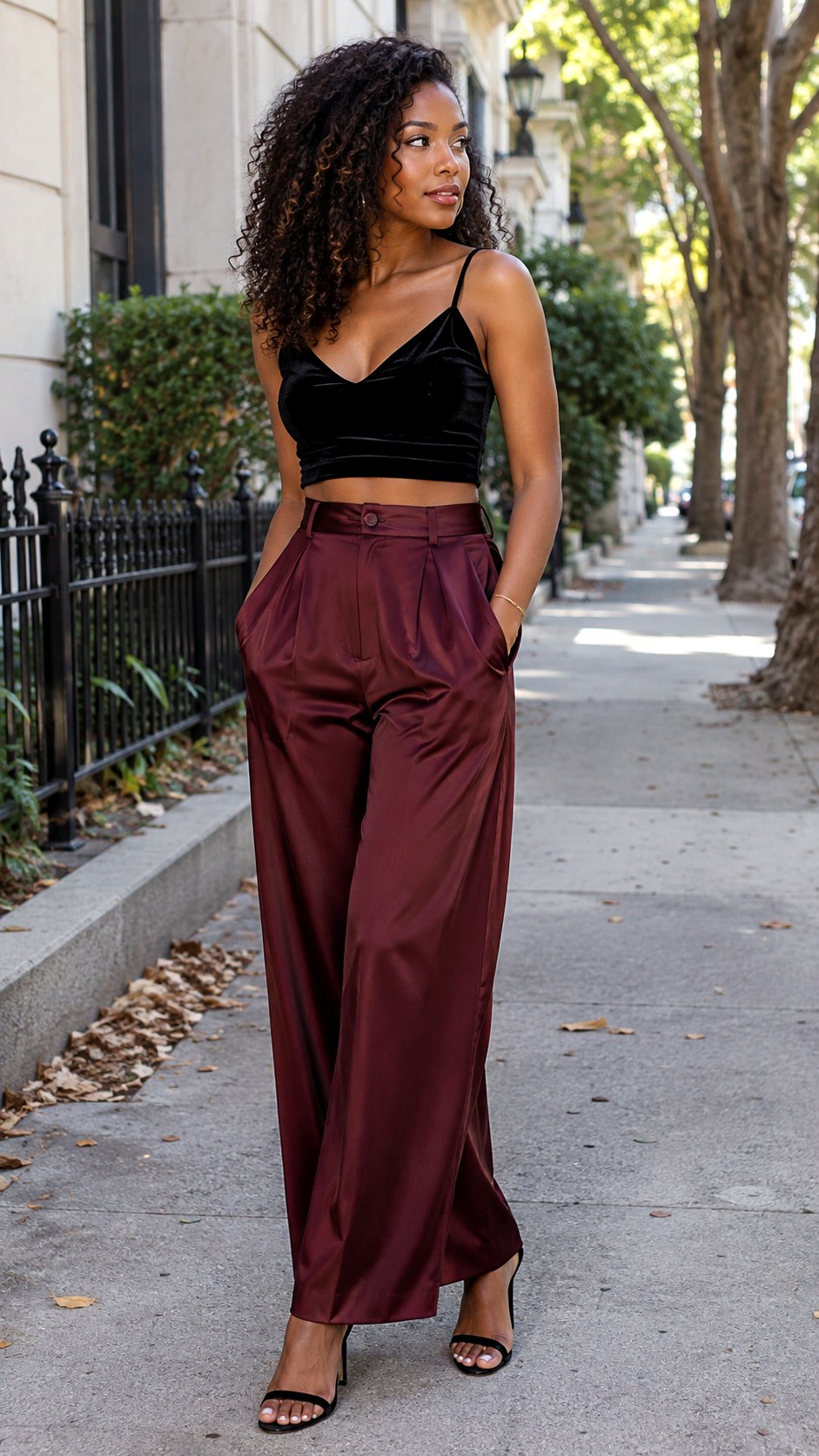 Burgundy Satin Homecoming Pant Outfit Idea - 22 homecoming pant outfit ideas