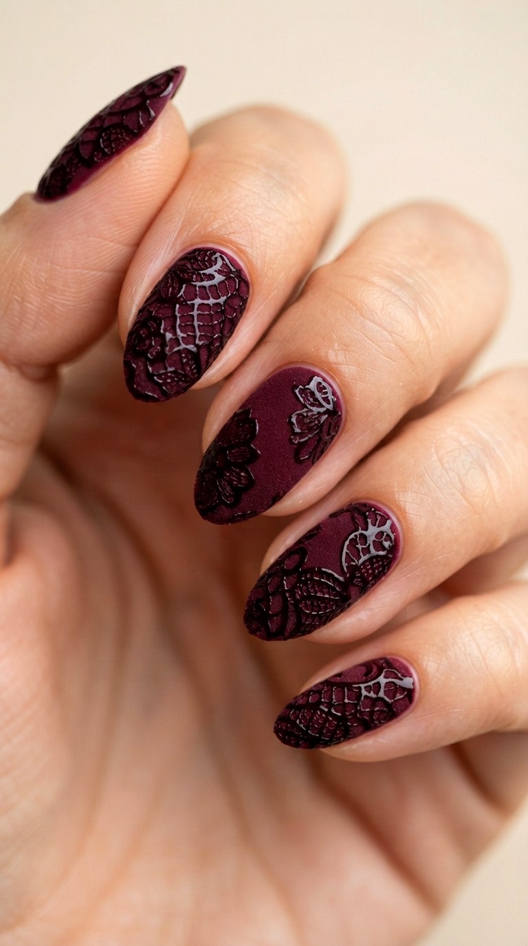 Burgundy Velvet Lace Art - 22 lace nail art ideas